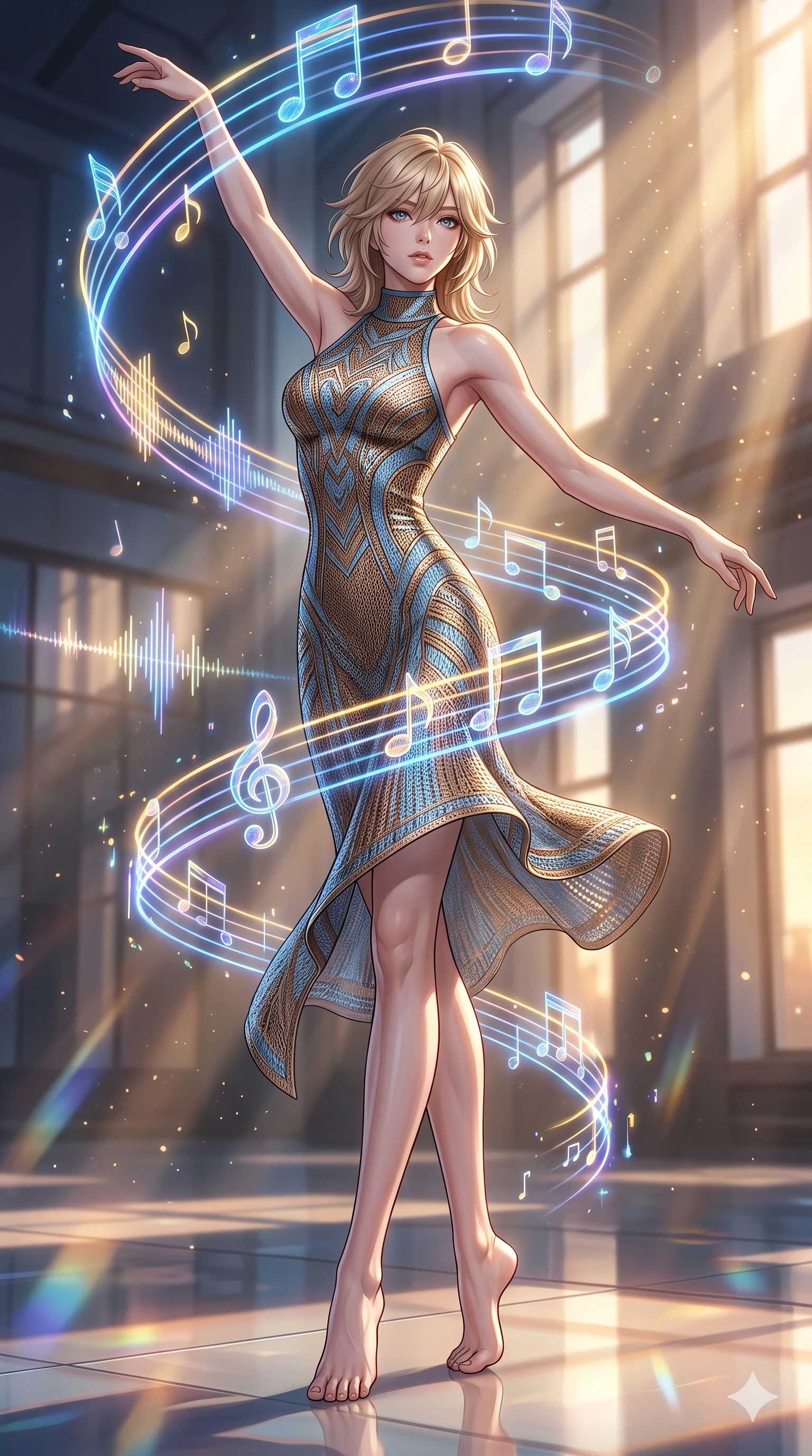 score_9, masterpiece, best quality, ultra-detailed, high-budget anime keyframe, editorial fashion photography, tasteful artistic composition, Japanese woman. low angle full-body shot from head to toe showing her feet, filling the entire 9:16 vertical frame with her statuesque presence, stretching her vertical silhouette. dancing with weightless grace through a futuristic concert hall where holographic musical notes materialize as glowing three-dimensional objects that orbit spiral and cascade through the air in luminous trails of sound made visible. She has a statuesque 8.5-heads proportion, an exceptionally tall, slender and willowy model-like build with impossibly long legs and a highly sculpted ultra-slim waist. sharp v-shaped jawline, high-bridge nose, intricate jewel-like eyes with depth, thick eyelashes, glossy lips with a natural sheen. wearing a high-neck racer-back fitted dress in a metallic bronze and sky blue knit, highlighting her athletic shoulders and slender torso. golden hour sunlight streaming in warm shafts with floating dust particles catching the light. 2k, ultra detail, master piece, 9:16 ratio
