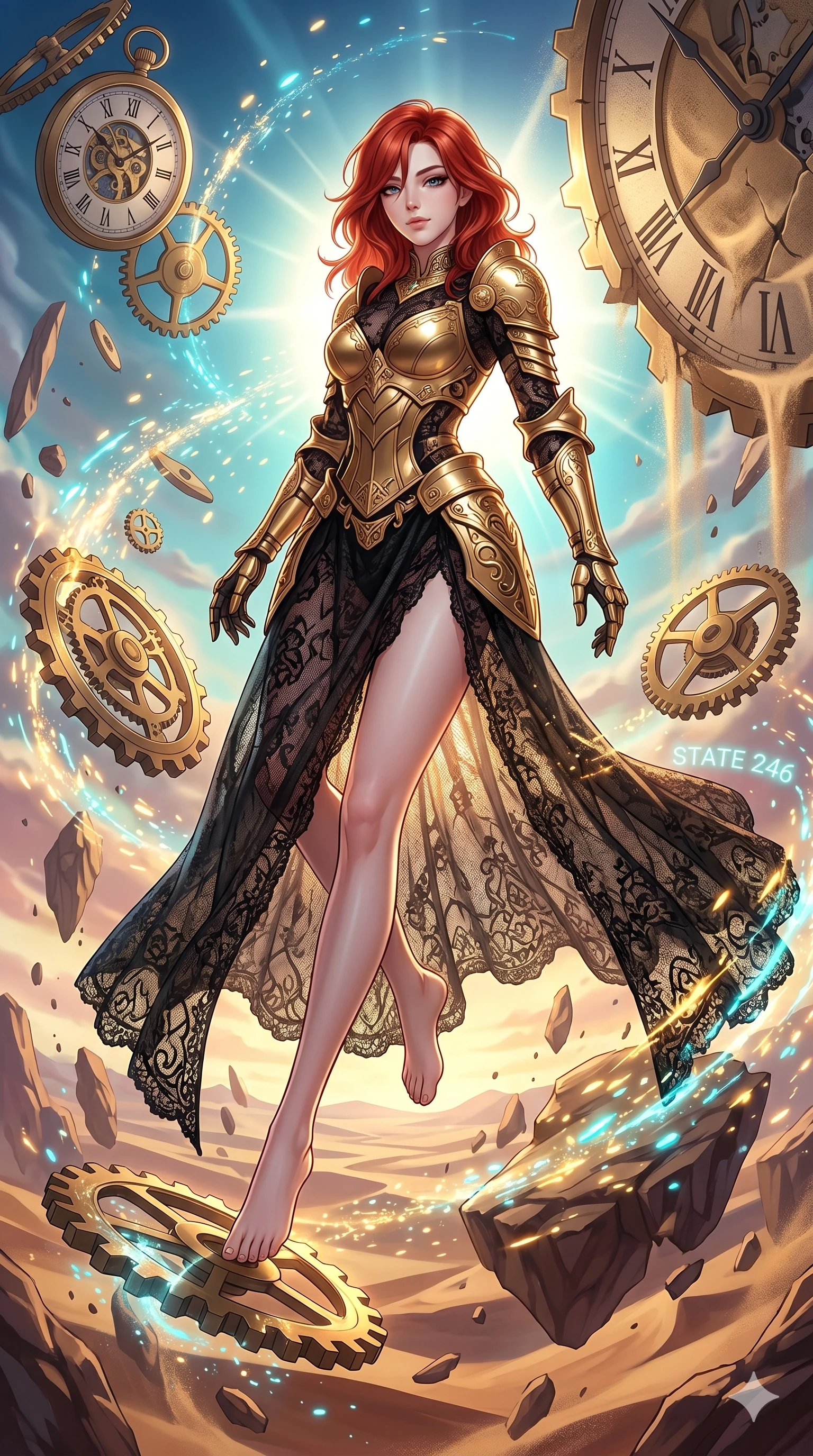 score_9, masterpiece, best quality, ultra-detailed, Set A: High-budget Anime Keyframe, Korean woman. Low angle cowboy shot filling the entire 9:16 frame with her statuesque presence. Floating through a clockwork desert, as gravity fails and everything around her floats in state 246 and surrounded by glowing energy sparks. She has an absolutely perfect 8-heads proportion, an exceptionally tall and slender female figure with impossibly long slender legs and an ultra-slim waist. Sharp v-shaped jawline, high-bridge nose, intricate jewel-like eyes with depth, thick eyelashes, glossy lips with a natural sheen. Wearing Ornate gold plate armor over a sheer black lace gown with a high-slit. Cinematic lighting, vibrant colors, dramatic shadows, 2k, ultra detail, master piece, 9:16 ratio