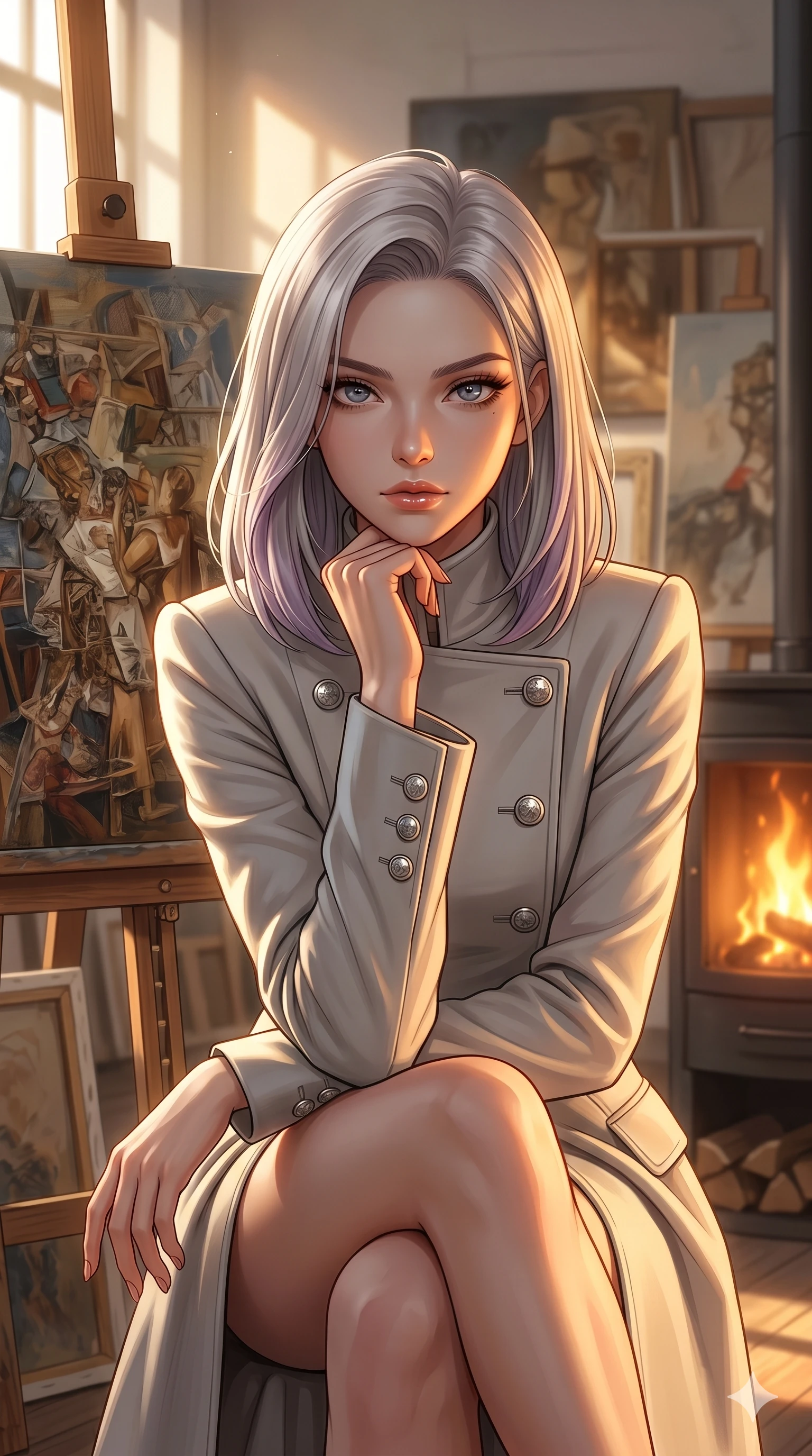 score_9, masterpiece, best quality, ultra-detailed, high-budget anime keyframe, editorial fashion photography, tasteful artistic composition, Caucasian woman, strictly human ears. cowboy shot from the thighs up, character and outfit filling the frame for maximum editorial presence. resting her chin on her hand, looking directly at the camera with a confident, piercing gaze inside a quiet, sun-washed art studio with oil canvases (Code-P17-060). She has an absolutely perfect 8-heads proportion, an exceptionally tall and slender female figure with impossibly long slender legs and an ultra-slim waist. V-shaped jawline, high-bridge nose, intricate jewel-like eyes with depth, thick eyelashes, glossy lips with a natural sheen. wearing a structured high-neck coat with silver buttons. warm amber firelight casting dancing shadows and a soft golden glow over her features. 2k, ultra detail, master piece, 9:16 ratio