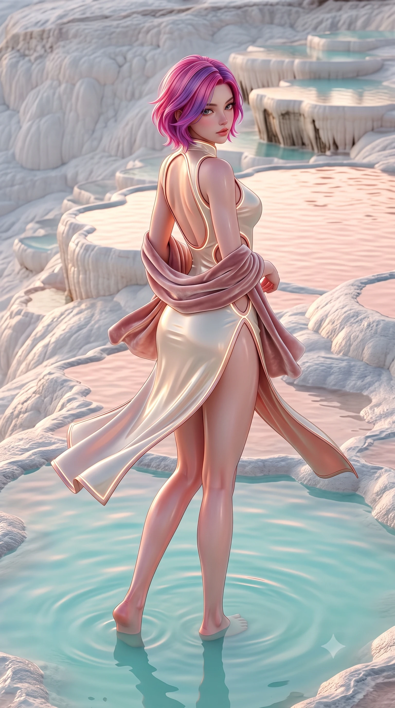 score_9, masterpiece, best quality, ultra-detailed, high-budget anime keyframe, semi-realistic 3D game render, editorial fashion photography, tasteful artistic composition, Caucasian woman. low angle full-body shot from head to toe showing her feet, filling the entire 9:16 vertical frame with her statuesque presence, stretching her vertical silhouette. executing an elegant mid-motion pivot turn as garments swirl around her slender limbs, glancing over her shoulder with an intoxicating bedroom-gaze while wading gracefully through a warm, milky-turquoise mineral pool on the terraced white travertine cliff, arching her back as sunset turns the water rose-gold. The surrounding environment is rendered in vivid detail and crisp panoramic clarity. sharp calcium travertine ripple textures, mineral water surface tension, and terraced cliff contours in deep focus. She has an exceptionally tall and slender model-like 8.5-heads proportion, an ultra-slim waist, a flat toned midriff, narrow delicate ribcage, and beautifully sculpted feminine hips creating a graceful, slim hourglass silhouette without any bulky heaviness, with impossibly long slender legs. sharp v-shaped jawline, high-bridge nose, intricate jewel-like eyes with depth, thick eyelashes, glossy parted lips with a natural sheen, intensely captivating and seductive bedroom-eyes expression, flawlessly proportioned anatomical accuracy, strict slender model proportions, natural body alignment, perfectly sculpted long slender limbs, ultra-slim waistline, clean dynamic posture without body distortion. wearing a modernized cyber-qipao mini dress with an ultra-high side slit ascending to the hip and glowing piping in vintage champagne ivory and delicate rose gold, tailored from second-skin aerodynamic stretch vinyl with specular wet sheen, complemented by a plush velvet shawl draped loosely over her elbows, the precision-cut side openings and low-back scoop framing her graceful spine and the sensual sweep of her slim, toned hips. illuminated by luminous turquoise water reflections sharply carving her razor-sharp jawline, narrow waist, and curvy hips. highly saturated vibrant anime colors, detailed shading with soft gradients, rich glossy textures, high-contrast stereoscopic depth, volumetric dynamic lighting, master piece, 9:16 ratio