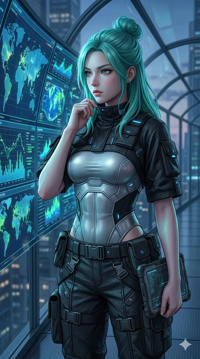 score_9, masterpiece, best quality, ultra-detailed, high-budget anime keyframe, semi-realistic 3D game render, Japanese woman. Upper body close-up from the thighs up, character filling the screen for maximum presence. Standing in a glass corridor nex
