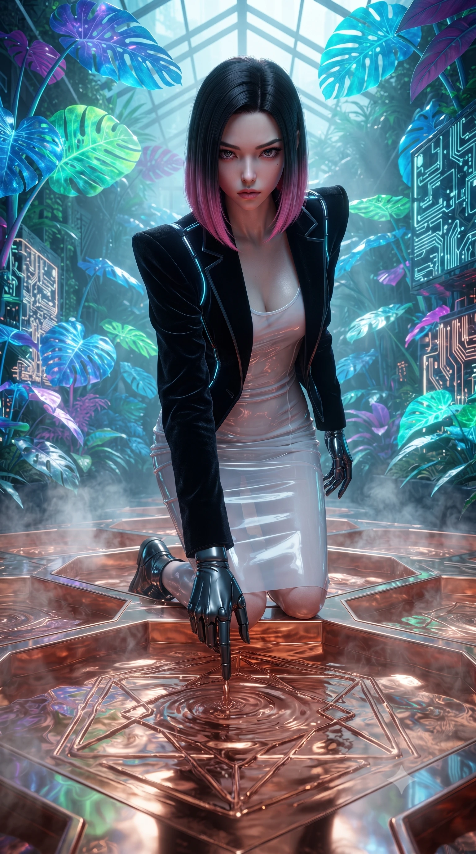 score_9, masterpiece, best quality, ultra-detailed, High-budget Anime Keyframe, editorial fashion photography, tasteful artistic composition, realistic cosplay photography, East Asian woman. Low angle cowboy shot filling the entire 9:16 frame with her statuesque presence. Scenario 528: tracing geometric patterns in a pool of warm liquid copper inside a cybernetic greenhouse filled with giant glowing tropical leaves. Her presence is magnetic and overpowering in this high-budget cinematic scene. Outfit 528: a slim-fit pearl white translucent PVC slip dress layered under a structured velvet blazer. The clothing is designed to emphasize her exceptionally tall and slender 8-heads proportion. 8-heads proportion, towering silhouette, ultra-slim waist. sharp v-shaped jawline, intricate jewel-like eyes with depth, thick eyelashes, glossy lips. ultra-reflective glossy finish, specular highlights, metallic sheen, high-contrast stereoscopic depth, volumetric dynamic lighting, 2k, ultra detail, master piece, 9:16 ratio