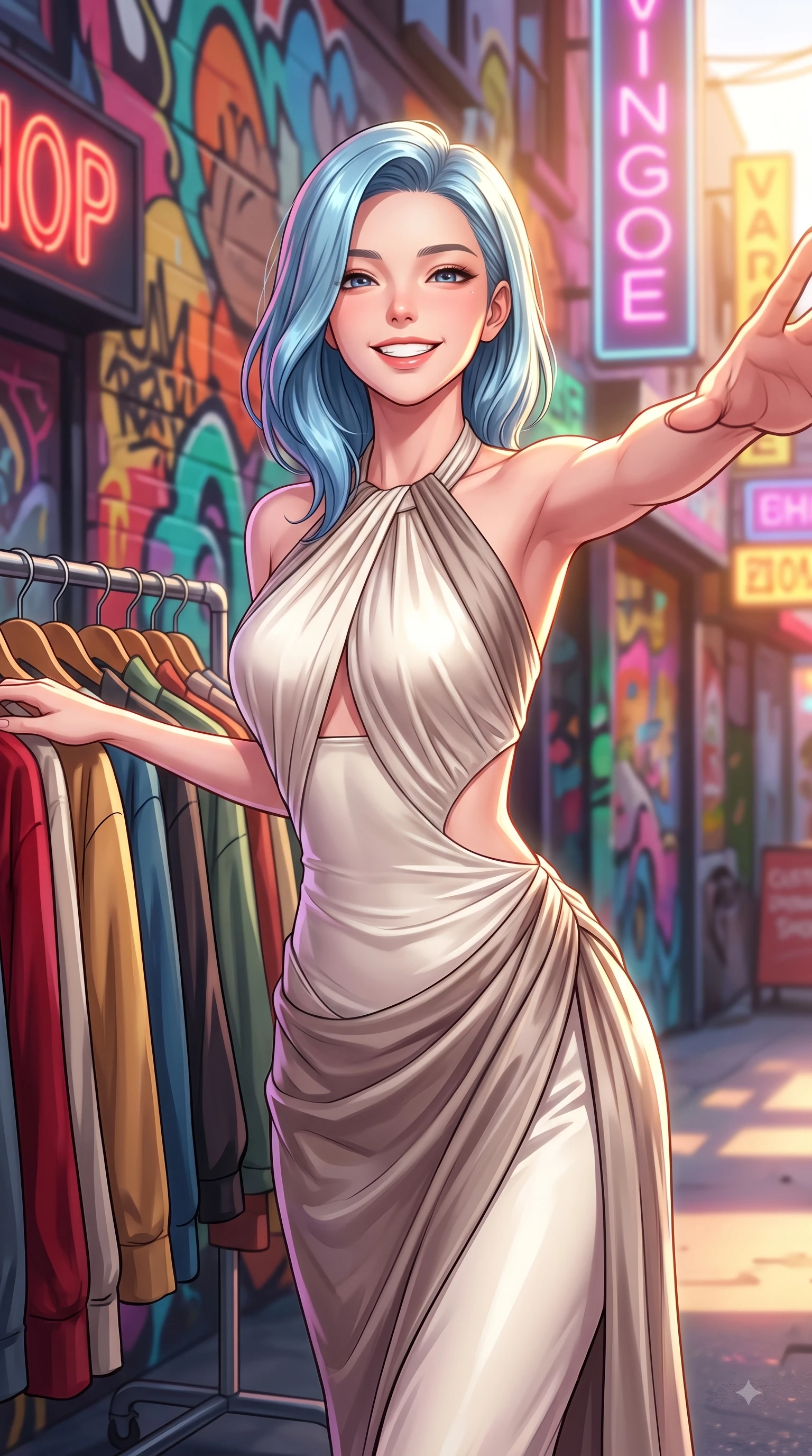 score_9, masterpiece, best quality, ultra-detailed, high-budget anime keyframe, editorial fashion photography, tasteful artistic composition, Korean woman. close-up cowboy shot from the waist and thighs up, the character dominates the composition, filling the frame with her large presence, background elements kept in soft focus. Tilting her chin up with a sweet beaming smile of pure delight while balancing dynamically amidst the scene while reaching one arm out playfully toward the camera while browsing a outdoor vintage clothing rack, vibrant urban street art and neon shop signs casting colorful ambient light around her. She has an exceptionally elegant, slender, and willowy female figure with an ultra-slim waist, a gracefully sculpted slender torso, and a refined silhouette. sharp v-shaped jawline, high-bridge nose, intricate jewel-like eyes with depth, thick eyelashes, glossy lips with a natural sheen, flawlessly proportioned anatomical accuracy, natural body alignment, perfectly sculpted elegant limbs, clean dynamic posture without body distortion. wearing a velvet halter-neck midi dress following her form like a glove in muted taupe and soft ivory, crafted from lustrous satin jersey with fluid draping, featuring clean architectural cutouts along her slender torso, the glove-like fit emphasizing her statuesque silhouette during motion. bathed in bright golden hour sunshine and warm urban ambient illumination. highly saturated vibrant anime colors, detailed shading with soft gradients, rich glossy textures, high-contrast stereoscopic depth, volumetric dynamic lighting, master piece, 9:16 ratio