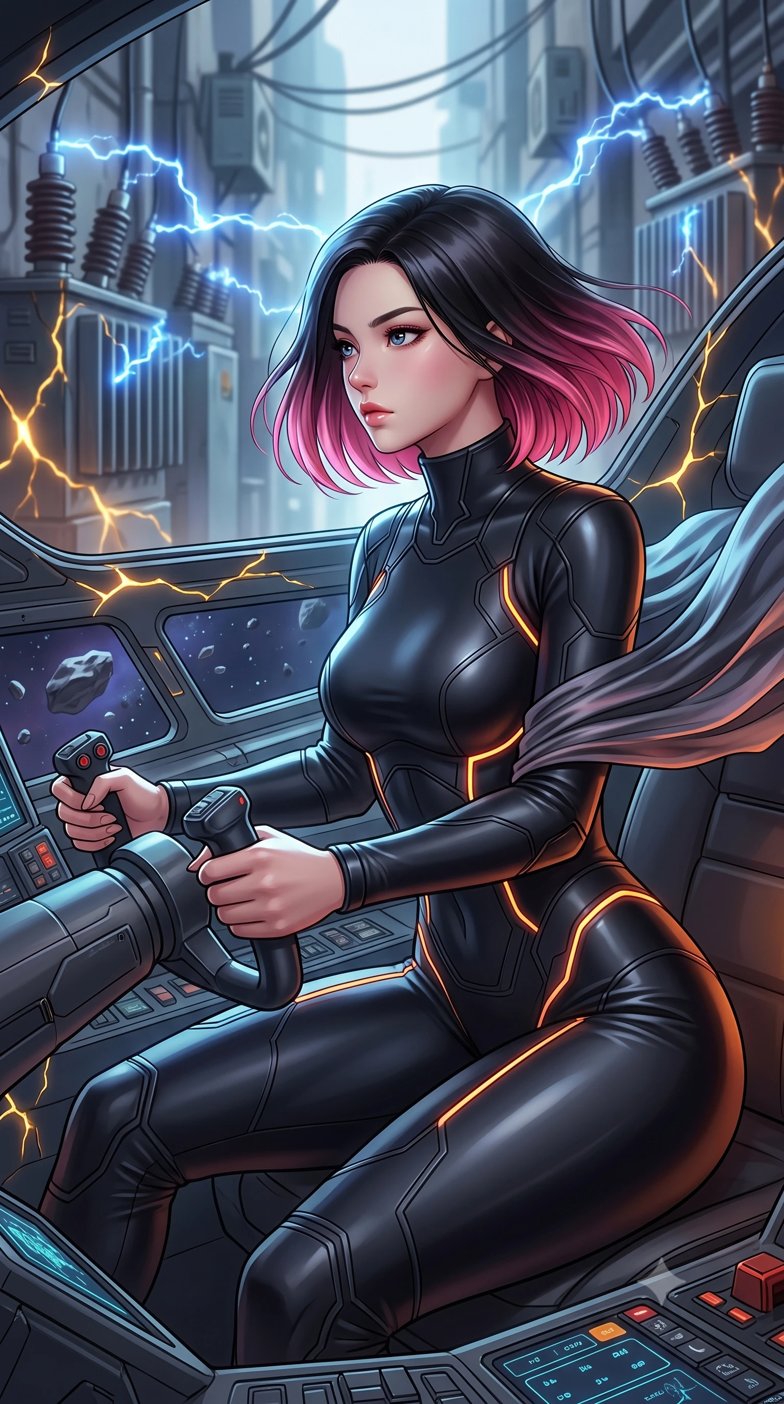 score_9, masterpiece, best quality, ultra-detailed, high-budget anime keyframe, editorial fashion photography, tasteful artistic composition, Korean woman. close-up cowboy shot from the waist and thighs up, the character dominates the composition, filling the frame with her large presence, background elements kept in soft focus. Piloting a starfighter through a tight asteroid gap, hands tight on the flight yoke, looking sharply left. set against a soft-focus background of an alley lined with buzzing capacitors and electrical transformers, blue arcs leaping between terminals. She has an exceptionally elegant and slender, willowy female figure with an ultra-slim waist, a gracefully sculpted slender torso, and a refined slim physique. sharp v-shaped jawline, high-bridge nose, intricate jewel-like eyes with depth, thick eyelashes, glossy lips with a natural sheen. wearing the lightweight fabric rippling and billowing dramatically with her movement, a body-hugging body-hugging tactical spy suit in matte black latex-effect material, featuring a high collar and orange neon line accents. highly saturated vibrant anime colors, intense vivid color palette, soft 3D volumetric shading, volumetric dynamic lighting, glowing kintsugi gold light radiating from cracks in the environment creating a majestic inner glow. 2k, ultra detail, master piece, 9:16 ratio