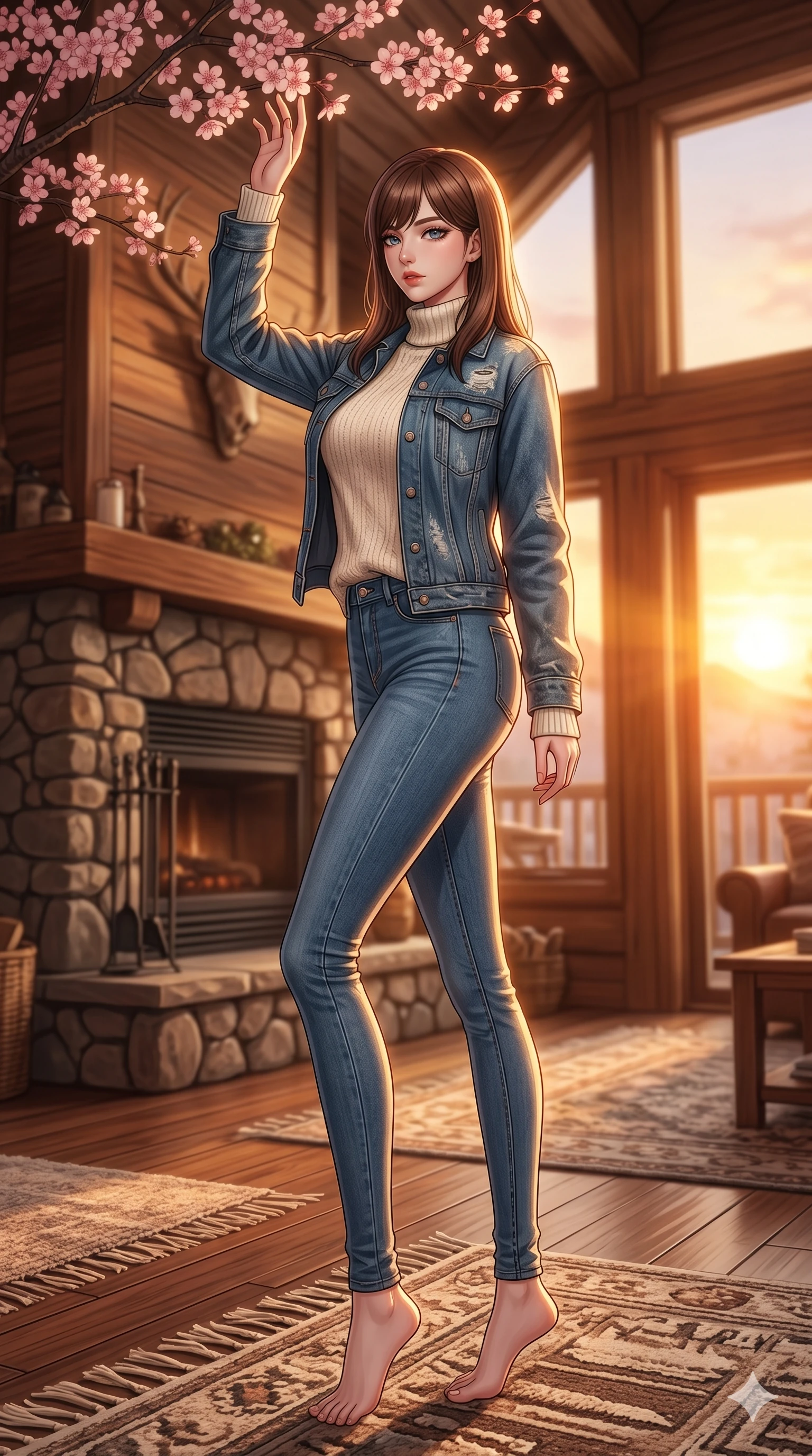 score_9, masterpiece, best quality, ultra-detailed, high-budget anime keyframe, editorial fashion photography, tasteful artistic composition, Korean woman. low angle full-body shot from head to toe showing her feet, filling the entire 9:16 vertical frame with her statuesque presence, stretching her vertical silhouette. reaching up to touch a cherry blossom, looking over her shoulder with a magnetic, sultry gaze inside a cozy mountain lodge cabin with a stone fireplace and warm rugs (Code-P18-057). She has an absolutely perfect 8-heads proportion, an exceptionally tall and slender female figure with impossibly long slender legs and an ultra-slim waist. V-shaped jawline, high-bridge nose, intricate jewel-like eyes with depth, thick eyelashes, glossy lips with a natural sheen. wearing a high-neck cozy knit sweater under a denim jacket. warm sunset light pouring through the windows, casting a warm glowing aura on her. 2k, ultra detail, master piece, 9:16 ratio