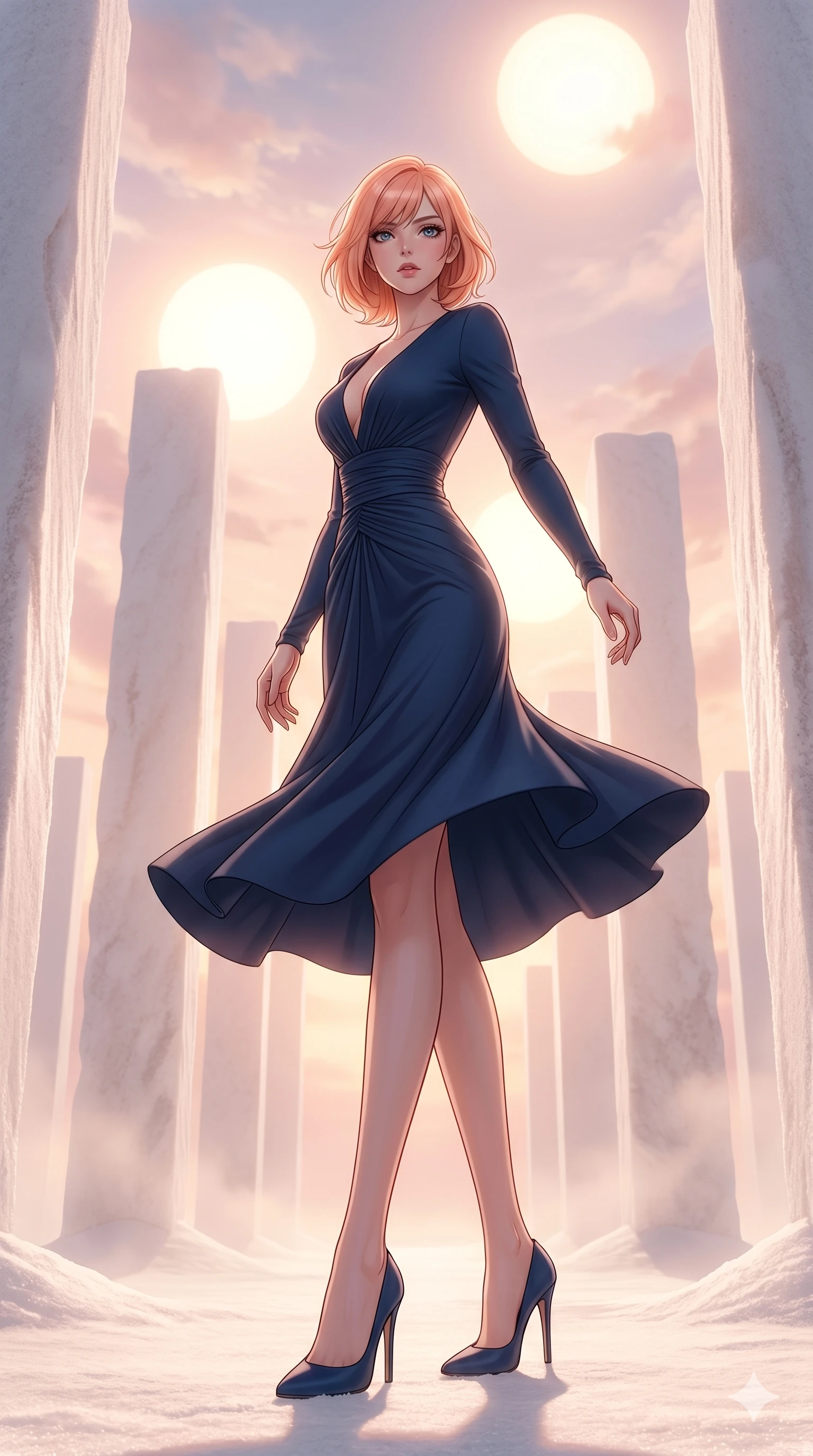 score_9, masterpiece, best quality, ultra-detailed, high-budget anime keyframe, editorial fashion photography, tasteful artistic composition, Japanese woman. low angle full-body shot from head to toe showing her feet, filling the entire 9:16 vertical frame with her statuesque presence, stretching her vertical silhouette. Spinning mid-turn with clothing caught in motion amidst a surreal desert of white salt pillars under a sky filled with three giant suns. She has an absolutely perfect 8-heads proportion, an exceptionally tall and slender female figure with impossibly long slender legs and an ultra-slim waist. V-shaped jawline, high-bridge nose, intricate jewel-like eyes with depth, thick eyelashes, glossy lips with a natural sheen. wearing a deep-V neck midi dress in midnight blue matte jersey with strategic waist ruching, long slim sleeves, and a form-contouring fit that highlights her elegant proportions. bathed in soft rose-gold dawn light filtering through atmospheric volumetric fog that wraps her silhouette. 2k, ultra detail, master piece, 9:16 ratio