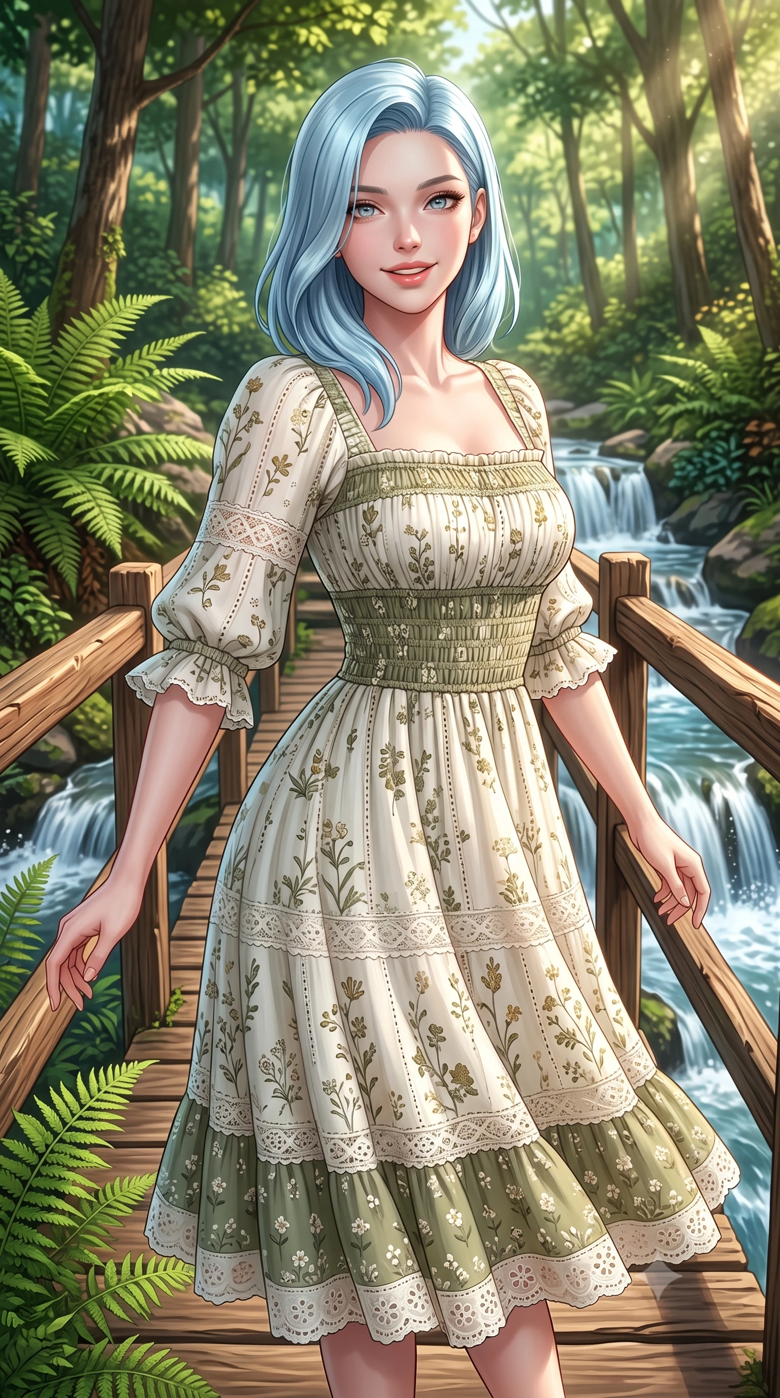 score_9, masterpiece, best quality, ultra-detailed, high-budget anime keyframe, semi-realistic 3D game render, editorial fashion photography, tasteful artistic composition, Korean woman. close-up cowboy shot from the waist and thighs up, the character dominates the composition, filling the frame with her large presence. smiling warmly with slightly parted glossy lips and a lovely expression, her upper body turning dynamically toward the camera while standing poised on a rustic cedar footbridge spanning a crystal-clear cascading waterfall with a delighted smile. The surrounding environment is rendered in vivid detail and crisp panoramic clarity. intricate fern fronds, rustic cedar bridge railings, and sun-dappled forest canopy in high resolution. She has an exceptionally elegant, slender, and willowy female figure with an ultra-slim waist, a gracefully sculpted slender torso, toned flat midriff, and a refined slim silhouette. sharp v-shaped jawline, high-bridge nose, intricate jewel-like eyes with depth, thick eyelashes, glossy lips with a natural sheen, pure and lovely fresh girlhood expression, flawlessly proportioned anatomical accuracy, strict slender model proportions, natural body alignment, perfectly sculpted long slender limbs, ultra-slim waistline, clean dynamic posture without body distortion. wearing a sweet square-neck smocked midi dress decorated with delicate wildflower patterns in muted olive green and ivory cotton, woven with delicate eyelet lace and breathable cotton voile, accented with soft smocked elastic details and ruffled cuff trims, the relaxed yet flattering fit accentuating her naturally graceful and slender figure, highlighting her youthful charm and lovely silhouette. surrounded by an enchanting, whimsical, and pure fairy-tale glen maiden aura. highly saturated vibrant anime colors, detailed shading with soft gradients, rich glossy textures, high-contrast stereoscopic depth, volumetric dynamic lighting, master piece, 9:16 ratio