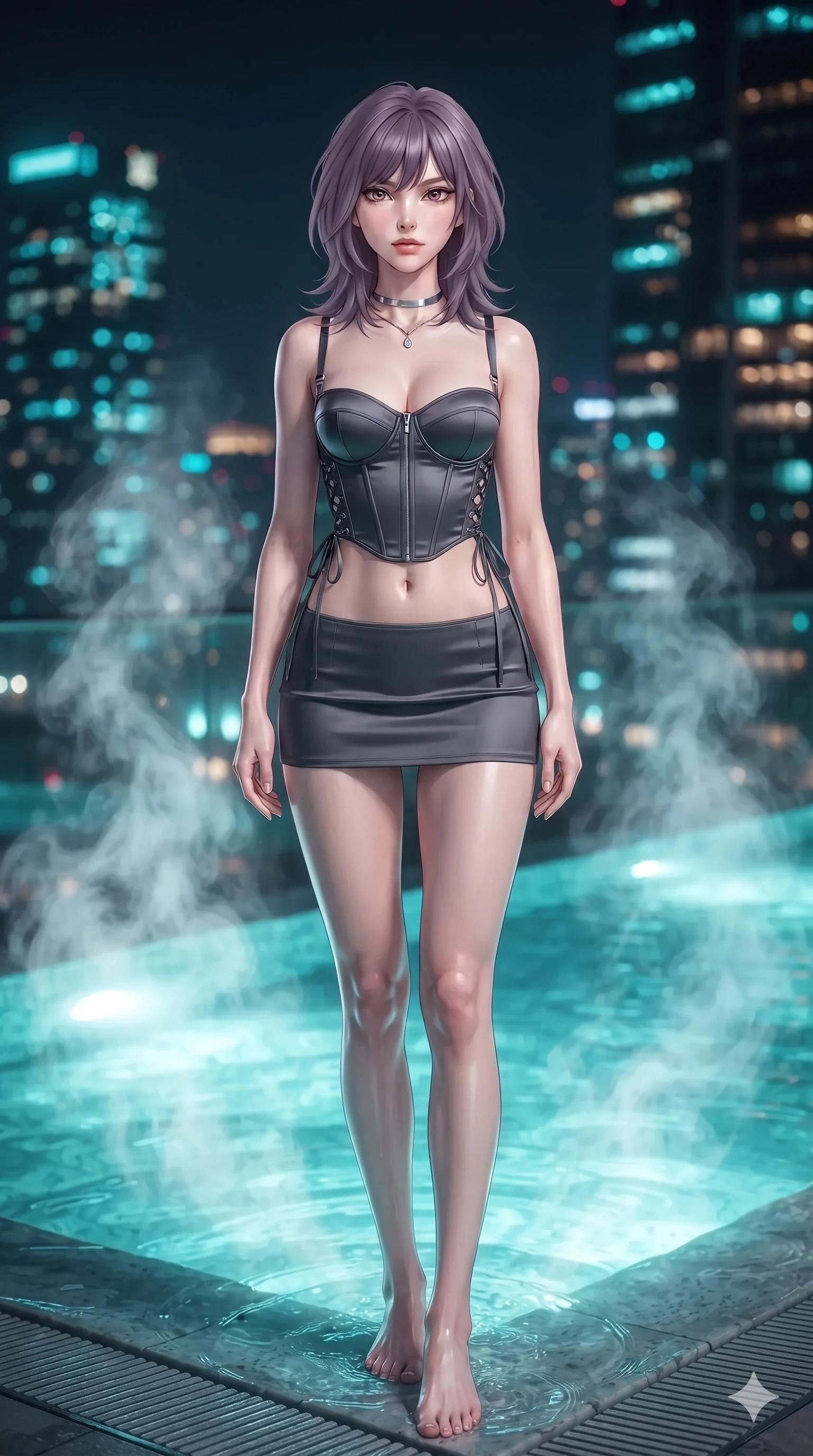 score_9, masterpiece, best quality, ultra-detailed, high-budget anime keyframe, editorial fashion photography, tasteful artistic composition, Japanese woman. low angle full-body shot from head to toe showing her feet, filling the entire 9:16 vertical frame with her statuesque presence, stretching her vertical silhouette. reclining gracefully across the plush chaise lounge with one leg extended, her sculpted silhouette and flat midriff radiating magnetic nocturnal glamour while standing poised ankle-deep in the steaming mineral water at the edge of the infinity pool, arching her lower back with sovereign supermodel grace overlooking the neon metropolis. The background shows a soft-focus swirling white geothermal steam plumes, glowing turquoise thermal water, and distant illuminated skyscrapers blurred into turquoise, amber, and midnight obsidian bokeh. She has an exceptionally tall and slender model-like 8.5-heads proportion, an ultra-slim waist, a flat toned midriff, narrow delicate ribcage, and beautifully sculpted feminine hips creating a graceful, slim hourglass silhouette without any bulky heaviness, with impossibly long slender legs. sharp v-shaped jawline, high-bridge nose, intricate jewel-like sparkling eyes with depth, thick eyelashes, glossy parted lips with a natural sheen, intensely captivating and seductive bedroom-eyes expression, exuding both youthful cute charm and sovereign luxury allure, flawlessly proportioned anatomical accuracy, strict slender model proportions, natural body alignment, perfectly sculpted long slender limbs, ultra-slim waistline, clean dynamic posture without body distortion. wearing a sculpted matte satin underwire crop corset with lace-up side ties paired with a low-rise micro skirt in charcoal grey and polished chrome, tailored from heavy double-faced silk georgette with an exceptionally fluid drape, finished with a minimalist chrome choker and a single teardrop diamond pendant, the high-slit wrap tailoring accentuating her ultra-slim waistline and the enchanting curve of her feminine hips with alluring seductive charm. bathed in the radiant underwater turquoise glow of the thermal pool mixed with ambient city neon from the surrounding skyline. ultra-reflective glossy finish, specular highlights, rich textural contrasts, high-contrast stereoscopic depth, volumetric dynamic lighting, 2k, ultra detail, master piece, 9:16 ratio