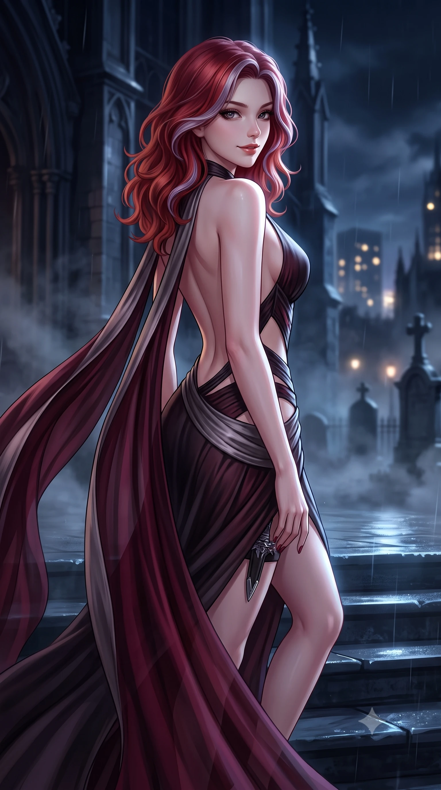 score_9, masterpiece, best quality, ultra-detailed, high-budget anime keyframe, semi-realistic 3D game render, editorial fashion photography, tasteful artistic composition, Caucasian woman. close-up cowboy shot from the waist and thighs up, the character dominates the composition, filling the frame with her large presence. turning over a bare shoulder with an intoxicating, teasing smile, her soft hair framing her sharp jawline as she looks back while descending the cold cathedral steps with fluid supermodel momentum, the night wind fluttering her dark drapery. The composition keeps background elements in soft focus with creamy bokeh. swirling night mist and distant cemetery monuments softened in cinematic shallow focus. She has an exceptionally elegant, slender, and willowy female figure with an ultra-slim waist, a gracefully sculpted slender torso, toned flat midriff, and a refined slim silhouette. sharp v-shaped jawline, high-bridge nose, intricate jewel-like eyes with depth, thick eyelashes, glossy parted lips with a natural sheen, intensely captivating and seductive expression, flawlessly proportioned anatomical accuracy, strict slender model proportions, natural body alignment, perfectly sculpted long slender limbs, ultra-slim waistline, clean dynamic posture without body distortion. wearing a gothic siren halter-neck dress with dramatic diagonal torso cutouts and a trailing floor-length silk cape in deep garnet and brushed dark platinum, woven from layered gossamer chiffon with a weightless sweeping drape, equipped with a concealed dagger sheath garter under her slit skirt, the dramatically scooped open back descending to the base of her spine, accentuating her razor-sharp statuesque lines and slim hourglass silhouette. surrounded by an immortal, transcendent, and breathtakingly majestic gothic siren aura. highly saturated vibrant anime colors, detailed shading with soft gradients, rich glossy textures, high-contrast stereoscopic depth, volumetric dynamic lighting, master piece, 9:16 ratio