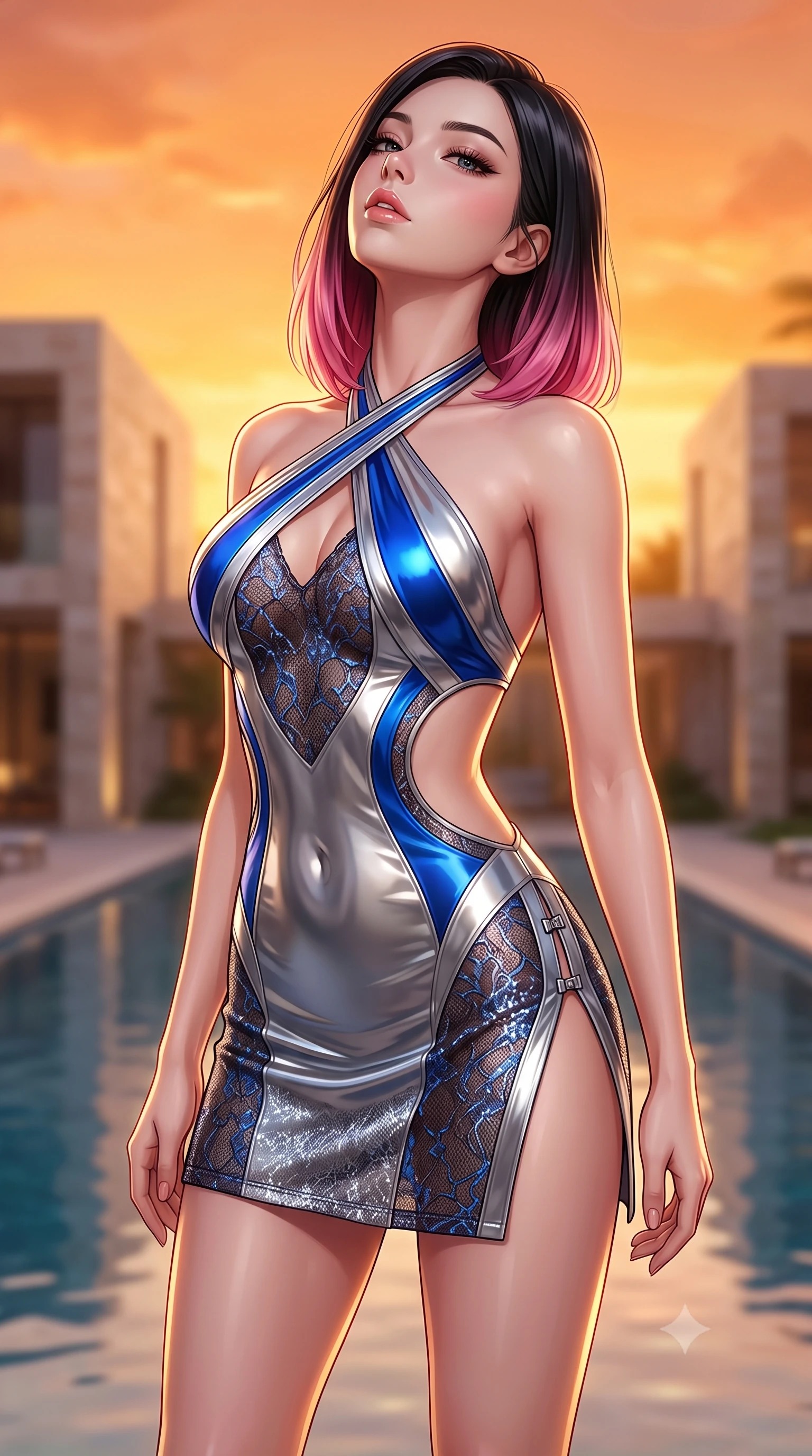 score_9, masterpiece, best quality, ultra-detailed, high-budget anime keyframe, semi-realistic 3D game render, editorial fashion photography, tasteful artistic composition, Korean woman. close-up cowboy shot from the waist and thighs up, the character dominates the composition, filling the frame with her large presence. tilting her head back with a sensual alluring expression, exposing her throat and shoulders to the camera with heavy lashes and softly parted glossy lips while standing with commanding elegance at the edge of an oasis reflecting pool under a glorious glowing orange sky. The composition keeps background elements in soft focus with creamy bokeh. modern limestone villa facades and reflecting pool waters softened in dreamy shallow focus. She has an exceptionally elegant, slender, and willowy female figure with an ultra-slim waist, a gracefully sculpted slender torso, toned flat midriff, and a refined slim silhouette. sharp v-shaped jawline, high-bridge nose, intricate jewel-like eyes with depth, thick eyelashes, glossy lips with a natural sheen, flawlessly proportioned anatomical accuracy, strict slender model proportions, natural body alignment, perfectly sculpted long slender limbs, ultra-slim waistline, clean dynamic posture without body distortion. wearing a molten silver liquid-metal mini dress featuring deep side-waist cutouts and a daring crossover halter neckline in liquid electric cobalt blue and polished silver, crafted from delicate dark lace interwoven with luminescent micro-fibers, finished with an ultra-high side slit secured by miniature magnetic clasps, the liquid-tight tailored fabric emphasizing every curve of her tall, slender model proportions and sculptured silhouette during dynamic movement. illuminated by crisp golden rim highlights sharply defining her ultra-slim waist and long legs. highly saturated vibrant anime colors, detailed shading with soft gradients, rich glossy textures, high-contrast stereoscopic depth, volumetric dynamic lighting, master piece, 9:16 ratio