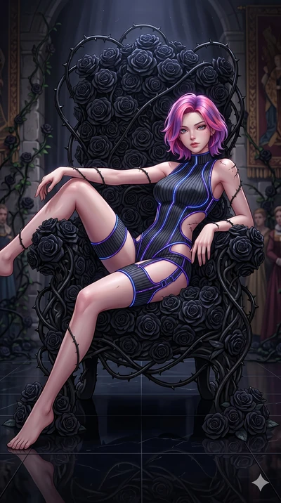 score_9, masterpiece, best quality, ultra-detailed, High-budget Anime Keyframe, East Asian woman. Dynamic full-body shot stretching the vertical silhouette to the limit. Scenario 170: Resting on a throne of black roses, thorns grazing her skin. Her p