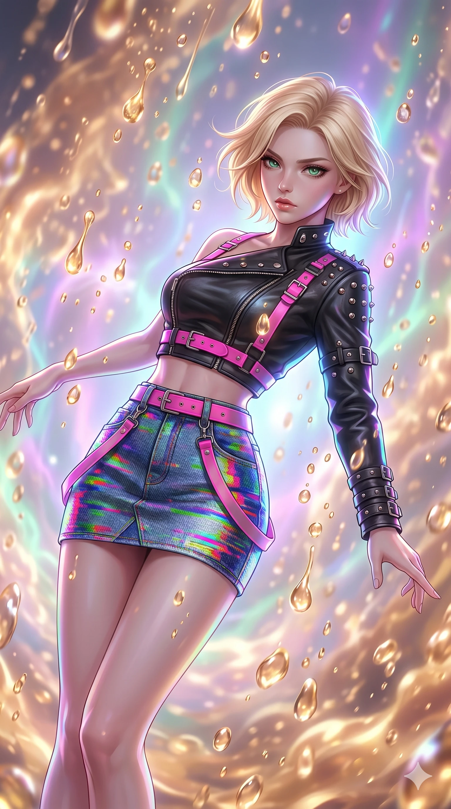 score_9, masterpiece, best quality, ultra-detailed, high-budget anime keyframe, Caucasian woman, strictly human ears. upper body close-up from the thighs up, character filling the screen for maximum presence. dodging ethereal liquid gold rain that rises upward from the ground in warm shimmering droplets under an inverted gravity field. She has an absolutely perfect 8-heads proportion, an exceptionally tall and slender female figure with impossibly long slender legs and an ultra-slim waist. V-shaped jawline, high-bridge nose, intricate jewel-like eyes with depth, thick eyelashes, glossy lips with a natural sheen.. wearing a glitch denim and studded leather outfit, featuring an RGB glitch pattern denim structured mini skirt, a single-sleeve cropped leather jacket, and neon pink harness straps. enhanced by a luminous pastel spectrum glow, casting elegant rim lights on her shoulders and jawline. 2k, ultra detail, master piece, 9:16 ratio