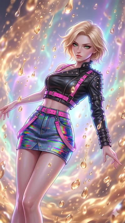 score_9, masterpiece, best quality, ultra-detailed, high-budget anime keyframe, Caucasian woman, strictly human ears. upper body close-up from the thighs up, character filling the screen for maximum presence. dodging ethereal liquid gold rain that ri
