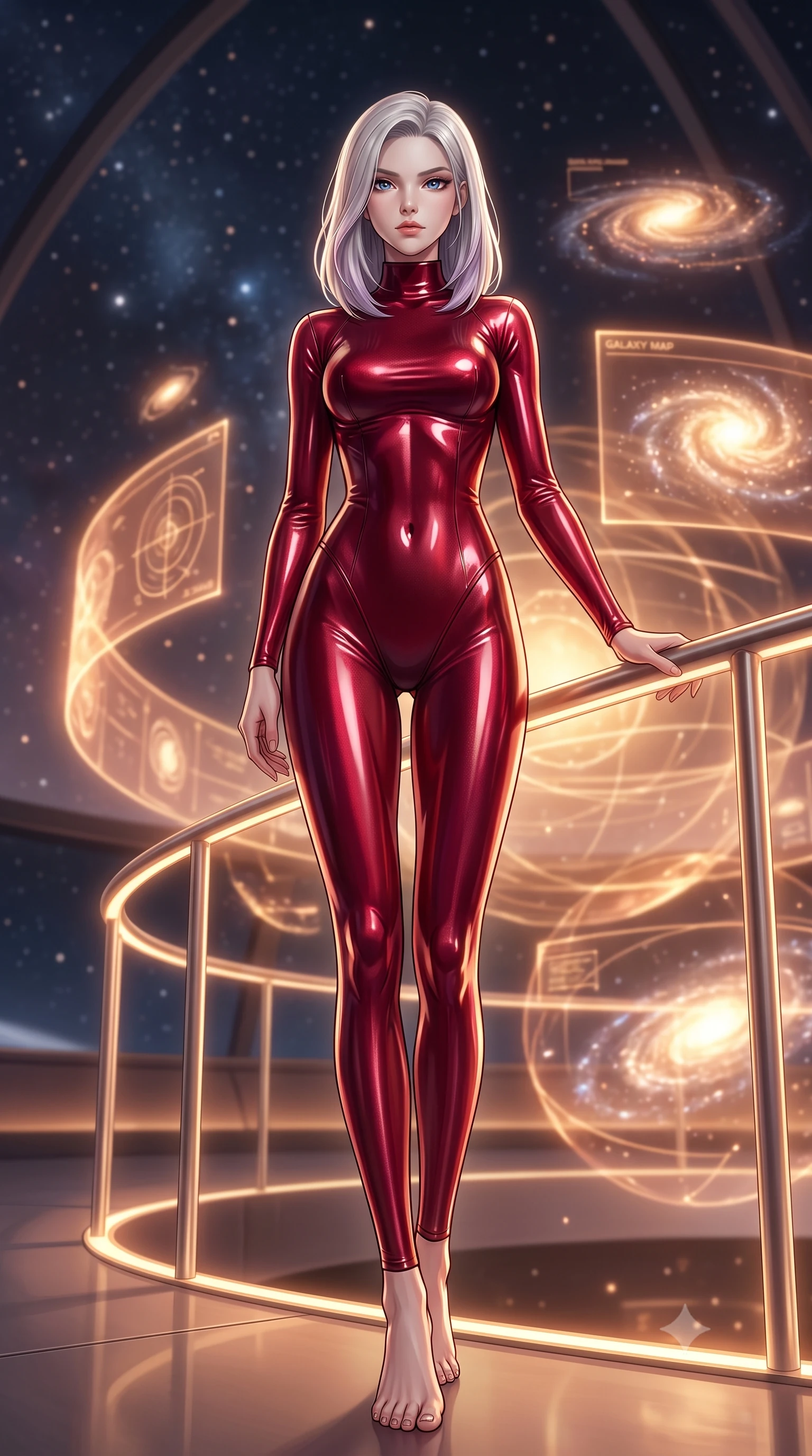 score_9, masterpiece, best quality, ultra-detailed, high-budget anime keyframe, editorial fashion photography, tasteful artistic composition, Caucasian woman. low angle full-body shot from head to toe showing her feet, filling the entire 9:16 vertical frame with her statuesque presence, stretching her vertical silhouette. standing in a tall, confident posture with one hand on a glowing metal railing, stretching her statuesque body, the background shows a soft-focus a planetarium lounge with floating holograms showing glowing galaxy maps. She has an absolutely perfect, statuesque 8.5-heads proportion, an exceptionally tall and slender model-like female figure with impossibly long slender legs and an ultra-slim waist. sharp v-shaped jawline, high-bridge nose, intricate jewel-like eyes with depth, thick eyelashes, glossy lips with a natural sheen. wearing a form-contouring form-contouring high-neck bodycon suit in deep crimson, contouring her athletic build like a second skin. soft starlight and the warm amber glow of planetary coordinate holograms. ultra-reflective glossy finish, specular highlights, metallic sheen, high-contrast stereoscopic depth, volumetric dynamic lighting, 2k, ultra detail, master piece, 9:16 ratio