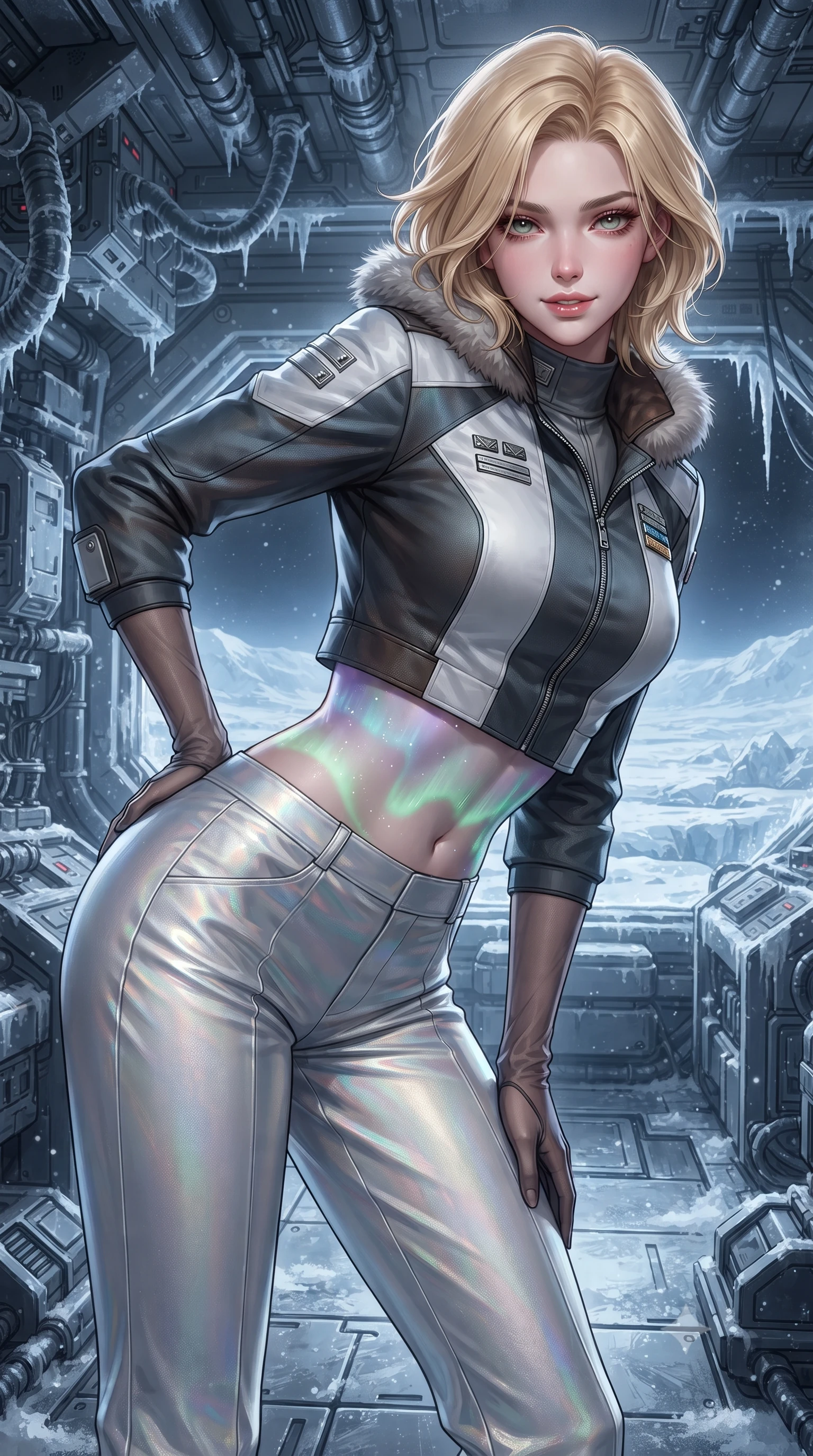 score_9, masterpiece, best quality, ultra-detailed, high-budget anime keyframe, editorial fashion photography, tasteful artistic composition, Caucasian woman. close-up cowboy shot from the waist and thighs up, the character dominates the composition, filling the frame with her large presence. leaning forward while arching her lower back to accentuate her curvy hips, looking into the camera with an intoxicating smoldering gaze and bedroom-eyes while twisting her slender torso in an alluring S-curve, celestial green and violet auroral waves playing across her flat midriff and hourglass curves. The surrounding environment is rendered in vivid detail and crisp panoramic clarity: detailed wool-blend thermal officer tailoring, fur-lined collar trim, and extreme-weather outpost engineering in high resolution. She has an exceptionally elegant, slender, and willowy female figure with an ultra-slim waist, flat toned midriff, narrow ribcage, and sculpted feminine hips creating an alluring, slim hourglass silhouette without bulk. sharp v-shaped jawline, high-bridge nose, intricate jewel-like sparkling eyes with depth, thick eyelashes, glossy parted lips with a natural peach sheen, bright cheerful beaming smile with an enchanting and coquettish sensual glint, exuding both youthful cute charm and seductive allure, flawlessly proportioned anatomical accuracy, strict slender model proportions, natural body alignment, perfectly sculpted long slender limbs, ultra-slim waistline, clean dynamic posture without body distortion. wearing a tailored orbital colony command uniform in dark grey and white paneling with rank insignia pins and tailored straight-leg trousers in iridescent mother-of-pearl and liquid molten silver, woven from structured carbon-fiber jacquard with rich textural depth, complemented by sheer opera-length evening gloves tracing her slender arms, the impeccably tailored cut draping gracefully along her slender figure with aristocratic poise. illuminated by snow crust reflection bounce and sharp aurora-emerald rim lights sculpting her jawline, narrow waist, and curvy hips. ultra-reflective glossy finish, specular highlights, rich textural contrasts, high-contrast stereoscopic depth, volumetric dynamic lighting, 2k, ultra detail, master piece, 9:16 ratio