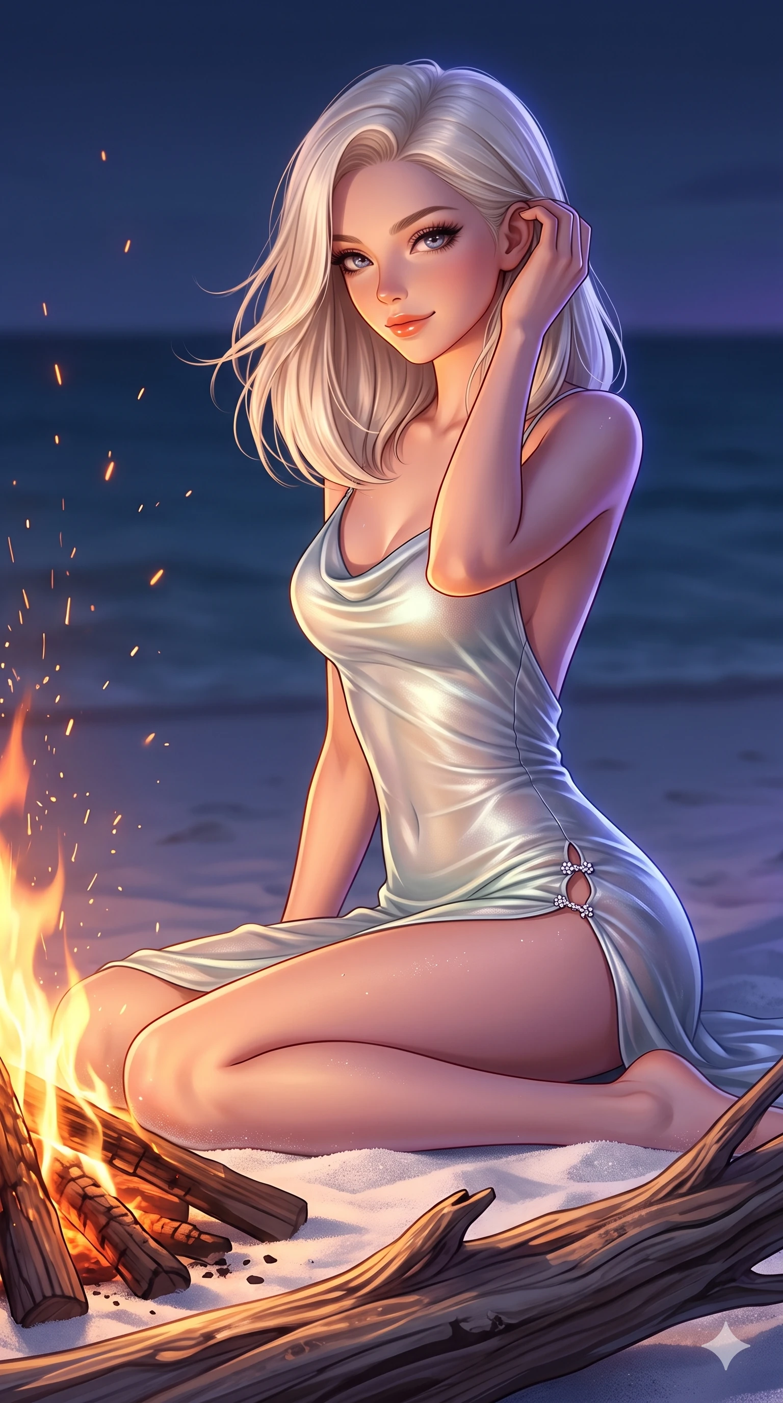 score_9, masterpiece, best quality, ultra-detailed, high-budget anime keyframe, semi-realistic 3D game render, editorial fashion photography, tasteful artistic composition, Caucasian woman. close-up cowboy shot from the waist and thighs up, the character dominates the composition, filling the frame with her large presence. gently brushing a lock of salt-kissed hair behind her ear while casting a playful, flirtatious side-gaze with long eyelashes while sitting gracefully on the soft white sand beside the crackling bonfire with one knee bent, arching her spine with supermodel elegance as sparks drift skyward. The surrounding environment is rendered in vivid detail and crisp panoramic clarity: sharp driftwood grain texture, glowing wood embers with floating sparks, and fine white sand granules in deep focus. She has an exceptionally elegant, slender, and willowy female figure with an ultra-slim waist, flat toned midriff, narrow ribcage, and sculpted feminine hips creating an alluring, slim hourglass silhouette without bulk. sharp v-shaped jawline, high-bridge nose, sparkling eyes with hypnotic seductive depth, thick curled eyelashes, glossy parted lips with a natural dewy peach sheen, alluring bedroom-eyes with an enchanting coquettish smile, exuding magnetic siren charisma and sophisticated glamour, flawlessly proportioned anatomical accuracy, strict slender model proportions, natural body alignment, perfectly sculpted long slender limbs, ultra-slim waistline, clean dynamic posture without body distortion. wearing a form-contouring gossamer silk chiffon beach slip dress with a hip-high slit and open cowl back clinging with dewy sea-mist in shimmering silver mercury and sunlit seafoam pearl, woven from fine semi-opaque stretch illusion mesh tracing every contour of her figure, finished with an ultra-high side slit secured by miniature jeweled clasps, the liquid-tight tailored fabric clinging flawlessly to her narrow waist and rounded feminine hips, emphasizing every millimeter of her sculpted slim hourglass curves without any bulky heaviness. illuminated by white sand ground bounce and sharp amber-violet rim lights sculpting her razor-sharp jawline, narrow waist, and curvy hips. highly saturated vibrant anime colors, detailed shading with soft gradients, rich glossy textures, high-contrast stereoscopic depth, volumetric dynamic lighting, master piece, 9:16 ratio