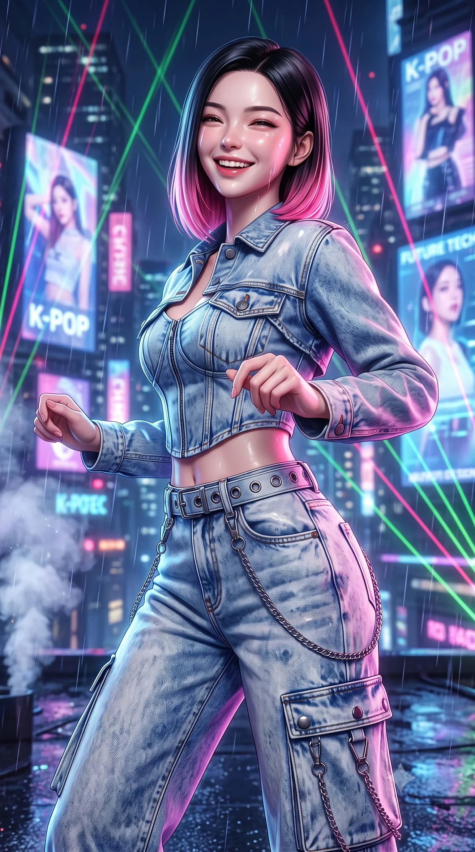 score_9, masterpiece, best quality, ultra-detailed, high-budget anime keyframe, semi-realistic 3D game render, editorial fashion photography, tasteful artistic composition, Korean woman. close-up cowboy shot from the waist and thighs up, the character dominates the composition, filling the frame with her large presence. laughing softly with genuine, enchanting warmth, eyes crinkling sweetly as specular highlights illuminate her cheeks while dancing dynamically on a rain-slicked skyscraper rooftop amidst pulsating RGB laser beams and giant holographic billboards. The composition keeps background elements in soft focus with creamy bokeh. drifting smoke machine haze and falling raindrops catching laser beam motes across the rooftop. She has an exceptionally elegant, slender, and willowy female figure with an ultra-slim waist, a gracefully sculpted slender torso, toned flat midriff, and a refined slim silhouette. sharp v-shaped jawline, high-bridge nose, intricate jewel-like eyes with depth, thick eyelashes, glossy lips with a natural sheen, captivating and magnetic expression, flawlessly proportioned anatomical accuracy, strict slender model proportions, natural body alignment, perfectly sculpted long slender limbs, ultra-slim waistline, clean dynamic posture without body distortion. wearing a deconstructed denim corseted crop jacket paired with high-waisted wide-leg utility jeans and a silver grommet belt in acid-wash light denim and dark chrome, tailored from distressed structured cotton denim with metallic thread, accented with hanging industrial clip straps and chrome chain links, the glove-like aerodynamic second-skin fit tightly clinging to her ultra-slender waist and athletic curves without adding bulk, accentuating her razor-sharp statuesque lines and slim hourglass silhouette. bathed in flashing RGB strobe lights and glowing holographic billboard backlighting. highly saturated vibrant anime colors, detailed shading with soft gradients, rich glossy textures, high-contrast stereoscopic depth, volumetric dynamic lighting, master piece, 9:16 ratio