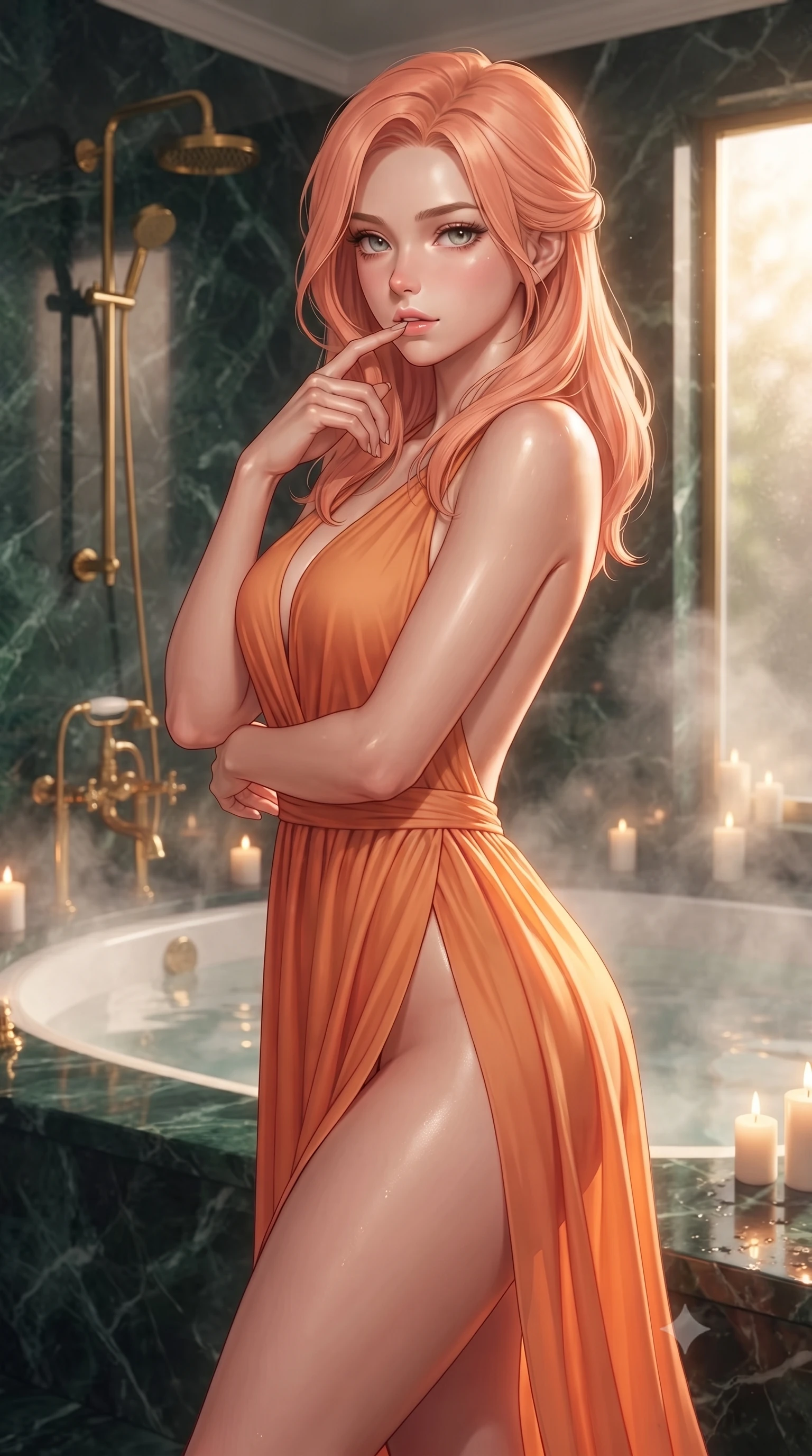 score_9, masterpiece, best quality, ultra-detailed, high-budget anime keyframe, editorial fashion photography, tasteful artistic composition, Japanese woman woman. close-up cowboy shot from the waist and thighs up, the character dominates the composition, filling the frame with her large presence, background elements kept in soft focus. pressing one finger to her bottom lip in a thoughtful, seductive gesture under the warm sun the background shows a soft-focus a spacious bathroom built of dark emerald marble and gold plumbing, with steam. She has an exceptionally elegant, slender, and willowy female figure with an ultra-slim waist, a gracefully sculpted slender torso, and a refined silhouette. sharp v-shaped jawline, high-bridge nose, intricate jewel-like eyes with depth, thick eyelashes, glossy lips with a natural sheen. wearing a form-contouring high-slit resort gown in sunset orange chiffon, featuring a daring thigh-slit and open back. soft flickering candles reflecting off the wet marble walls and water surface. ultra-reflective glossy finish, specular highlights, metallic sheen, high-contrast stereoscopic depth, volumetric dynamic lighting, 2k, ultra detail, master piece, 9:16 ratio