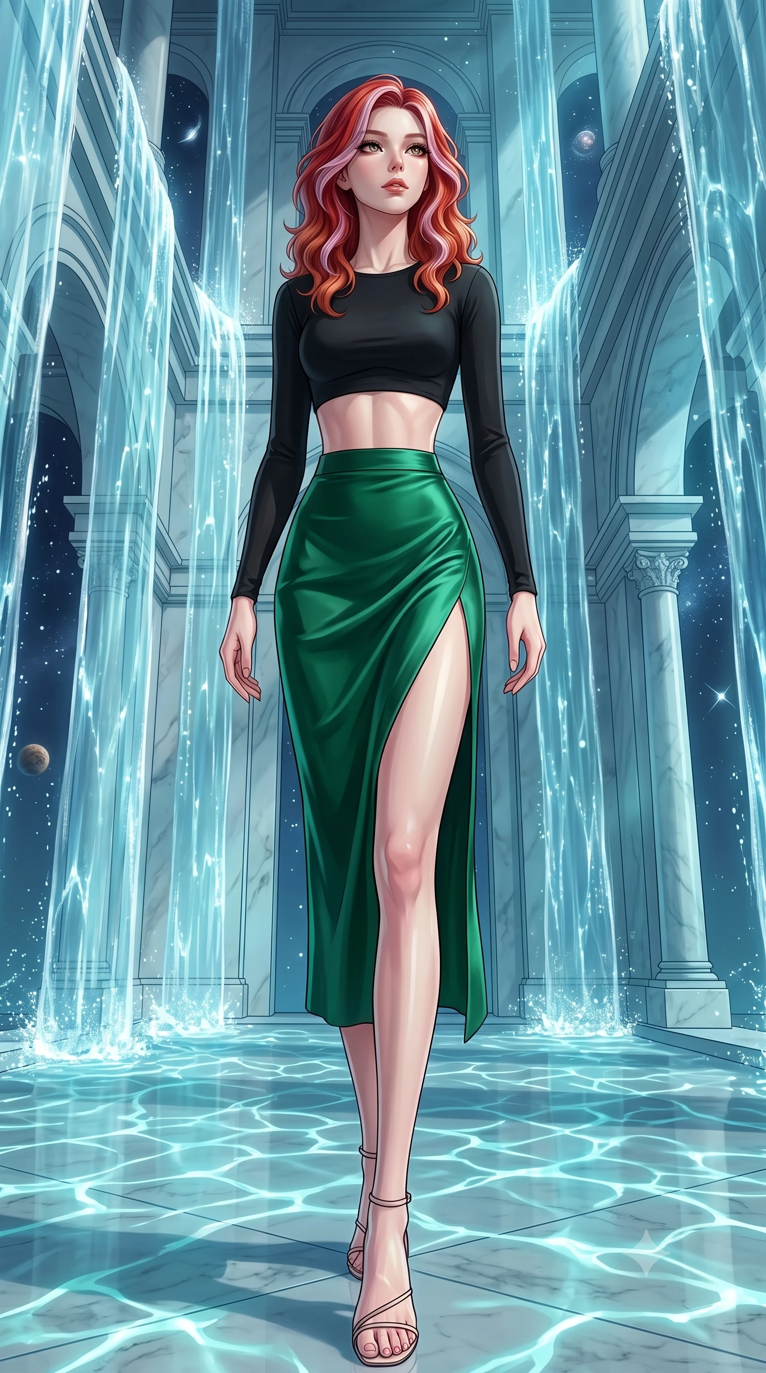 score_9, masterpiece, best quality, ultra-detailed, high-budget anime keyframe, editorial fashion photography, tasteful artistic composition, Caucasian woman, strictly human ears. low angle full-body shot from head to toe showing her feet, filling the entire 9:16 vertical frame with her statuesque presence, stretching her vertical silhouette. threading her way through a celestial palace where water defies gravity and falls upward in shimmering reverse cascades forming archways columns and curtains of suspended crystalline water that catch and bend starlight. She has a statuesque 8.5-heads proportion, an exceptionally tall, slender and willowy model-like build with impossibly long legs and a highly sculpted ultra-slim waist. sharp v-shaped jawline, high-bridge nose, intricate jewel-like eyes with depth, thick eyelashes, glossy lips with a natural sheen. wearing a black long-sleeve crop top paired with a high-waisted silk midi skirt in emerald green with a thigh-high side slit. starlight refracting through the upward-flowing water creating constantly shifting caustic light patterns on the palace marble floors and walls in cool aqua tones. 2k, ultra detail, master piece, 9:16 ratio