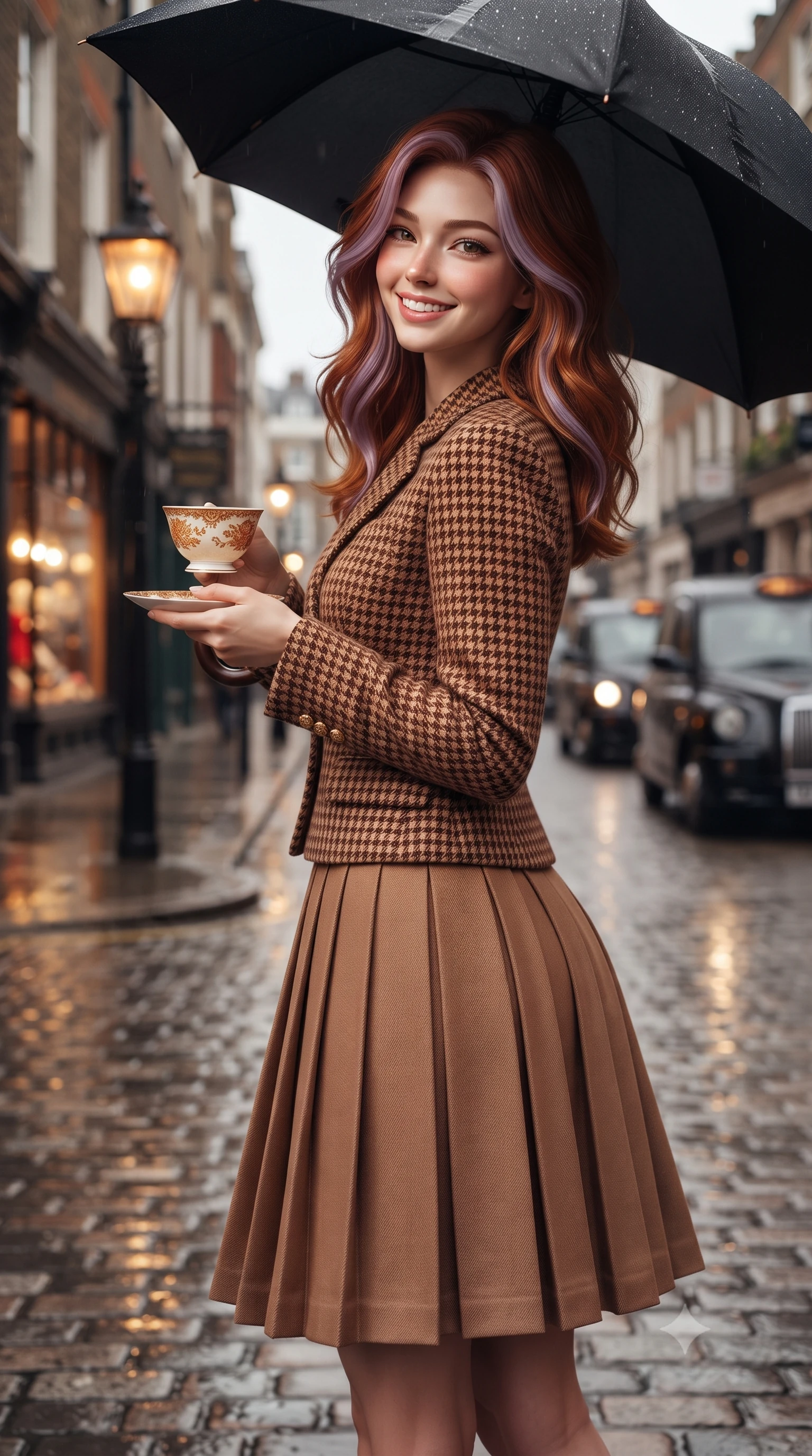 score_9, masterpiece, best quality, ultra-detailed, high-budget anime keyframe, editorial fashion photography, tasteful artistic composition, Caucasian woman. close-up cowboy shot from the waist and thighs up, the character dominates the composition, filling the frame with her large presence. holding a warm porcelain cup in both hands while tilting her head with an enchanting, beaming smile while standing poised under a classic black umbrella on the wet Mayfair cobblestones, glancing over her shoulder with a radiant, charming smile. The background shows a soft-focus glowing gas lanterns reflecting on wet cobblestones, classic black cabs driving past, and warm storefront displays blurred into amber, charcoal, and ruby bokeh. She has an exceptionally elegant, slender, and willowy female figure with an ultra-slim waist, flat toned midriff, narrow ribcage, and sculpted feminine hips creating an alluring, slim hourglass silhouette without bulk. sharp v-shaped jawline, high-bridge nose, intricate jewel-like sparkling eyes with depth, thick eyelashes, glossy parted lips with a natural peach sheen, bright cheerful beaming smile with an enchanting and coquettish sensual glint, exuding both youthful cute charm and seductive allure, flawlessly proportioned anatomical accuracy, strict slender model proportions, natural body alignment, perfectly sculpted long slender limbs, ultra-slim waistline, clean dynamic posture without body distortion. wearing a structured houndstooth tweed jacket with gold embossed buttons and a matching pleated A-line midi skirt in warm winter cinnamon and toasted caramel, tailored from fine wool gabardine with crisp permanent pleats and sharp drape, finished with fine mother-of-pearl cuff buttons catching the soft ambient light, the expertly draped wool fabric falling in crisp fluid lines along her tall 8.5-heads silhouette, celebrating her slender frame without excess fabric bulk. bathed in diffused London overcast sky light contrasted with warm incandescent shopfront display illumination. ultra-reflective glossy finish, specular highlights, rich textural contrasts, high-contrast stereoscopic depth, volumetric dynamic lighting, 2k, ultra detail, master piece, 9:16 ratio