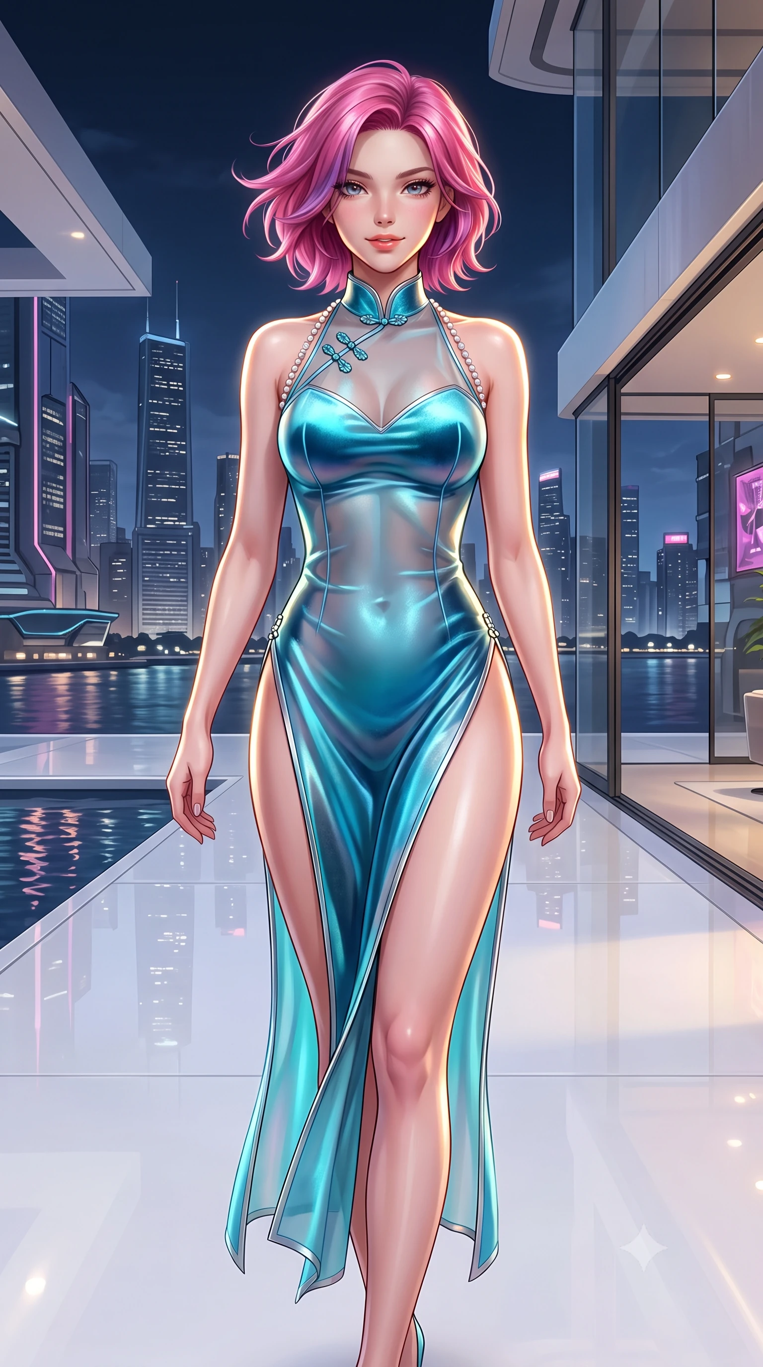 score_9, masterpiece, best quality, ultra-detailed, high-budget anime keyframe, semi-realistic 3D game render, editorial fashion photography, tasteful artistic composition, Caucasian woman. close-up cowboy shot from the waist and thighs up, the character dominates the composition, filling the frame with her large presence. turning slowly with an enchanting smoldering smile, her glossy hair tossing in the breeze as her hips angle gracefully in a captivating contrapposto while walking slowly across the polished white resin floor with tall model strides, river lights reflecting beneath her long slender legs. The surrounding environment is rendered in vivid detail and crisp panoramic clarity: detailed backless sheer illusion halter catsuit, opaque geometric panels, and iconic skyline architecture in high resolution. She has an exceptionally elegant, slender, and willowy female figure with an ultra-slim waist, flat toned midriff, narrow ribcage, and sculpted feminine hips creating an alluring, slim hourglass silhouette without bulk. sharp v-shaped jawline, high-bridge nose, intricate jewel-like sparkling eyes with depth, thick eyelashes, glossy parted lips with a natural peach sheen, bright cheerful beaming smile with an enchanting and coquettish sensual glint, exuding both youthful cute charm and seductive allure, flawlessly proportioned anatomical accuracy, strict slender model proportions, natural body alignment, perfectly sculpted long slender limbs, ultra-slim waistline, clean dynamic posture without body distortion. wearing a provocative sheer silk organza modern qipao dress with dramatic hip-high side slits and translucent mesh frog-button bodice in Neo-Carthage holographic cyan and solar chrome, tailored from ultra-plush silk velvet with rich tactile depth and deep shadow gradients, accented with a pearl-drop body harness subtly framing her dewy collarbones and spine, the high-slit wrap tailoring accentuating her ultra-slim waistline and the enchanting curve of her feminine hips with alluring seductive charm. illuminated by floor specular reflection bounce and sharp platinum-gold rim lights sculpting her jawline, narrow waist, and curvy hips. highly saturated vibrant anime colors, detailed shading with soft gradients, rich glossy textures, high-contrast stereoscopic depth, volumetric dynamic lighting, master piece, 9:16 ratio