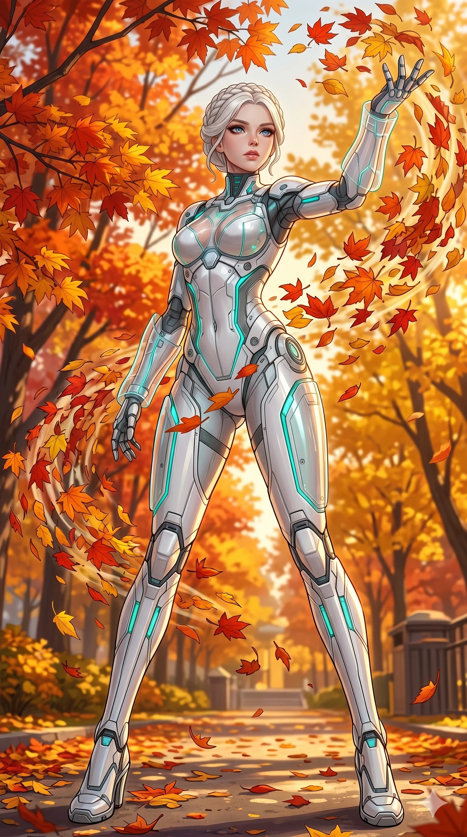 score_9, masterpiece, best quality, ultra-detailed, High-budget Anime Keyframe, beautiful Caucasian anime girl (strictly human ears). Low angle cowboy shot filling the entire 9:16 frame with her statuesque presence. Summoning a whirlwind of colorful leaves in a quiet park filled with autumn trees. She has an absolutely perfect 8-heads proportion, an exceptionally tall and slender female figure with impossibly long slender legs and an ultra-slim waist. Sharp v-shaped jawline, high-bridge nose, intricate jewel-like eyes with depth, thick eyelashes, glossy lips with a natural sheen. Wearing a Tech-Fantasy outfit: cybernetic white tech-suit with glowing teal seams and translucent PVC overlays. Background is a bright and colorful park with vibrant orange and red trees and golden sunlight. 2k, ultra detail, master piece, 9:16 ratio