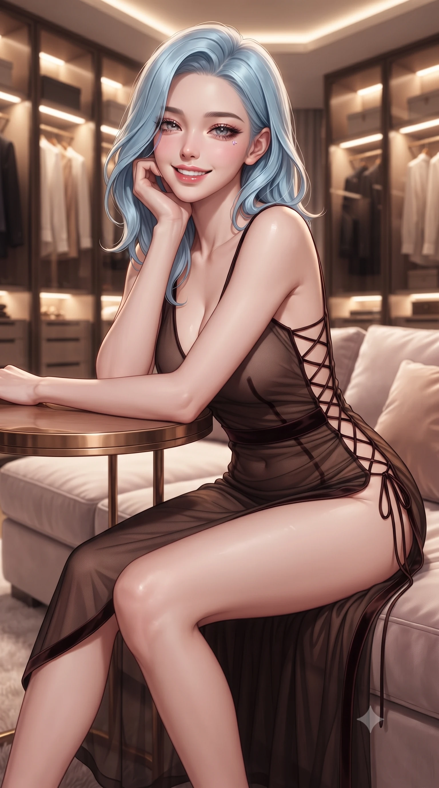 score_9, masterpiece, best quality, ultra-detailed, high-budget anime keyframe, editorial fashion photography, tasteful artistic composition, Korean woman. close-up cowboy shot from the waist and thighs up, the character dominates the composition, filling the frame with her large presence. resting one elbow on the table and supporting her chin, leaning close to the camera with heavy-lidded sparkling eyes and parted lips while standing poised between floor-to-ceiling illuminated glass wardrobe vitrines, arching her back with sovereign supermodel posture. The background shows a soft-focus plush silk velvet banquettes softened in ultra-luxury private dressing suite shallow focus. She has an exceptionally elegant, slender, and willowy female figure with an ultra-slim waist, flat toned midriff, narrow ribcage, and sculpted feminine hips creating an alluring, slim hourglass silhouette without bulk. sharp v-shaped jawline, high-bridge nose, intricate jewel-like sparkling eyes with depth, thick eyelashes, glossy parted lips with a natural peach sheen, bright cheerful beaming smile with an enchanting and coquettish sensual glint, exuding both youthful cute charm and seductive allure, flawlessly proportioned anatomical accuracy, strict slender model proportions, natural body alignment, perfectly sculpted long slender limbs, ultra-slim waistline, clean dynamic posture without body distortion. wearing a provocative semi-sheer tulle cocktail dress with velvet ribbon piping contouring her narrow waist and hips in Hannam-dong glowing amber and rich dark espresso, tailored from ultra-plush silk velvet with rich tactile depth and deep shadow gradients, featuring fine criss-cross lace-up side ties revealing tantalizing glimpses of her hip curve, the high-slit wrap tailoring accentuating her ultra-slim waistline and the enchanting curve of her feminine hips with alluring seductive charm. bathed in 3000K warm-white architectural LED vitrine lighting and soft cove perimeter illumination. ultra-reflective glossy finish, specular highlights, rich textural contrasts, high-contrast stereoscopic depth, volumetric dynamic lighting, 2k, ultra detail, master piece, 9:16 ratio