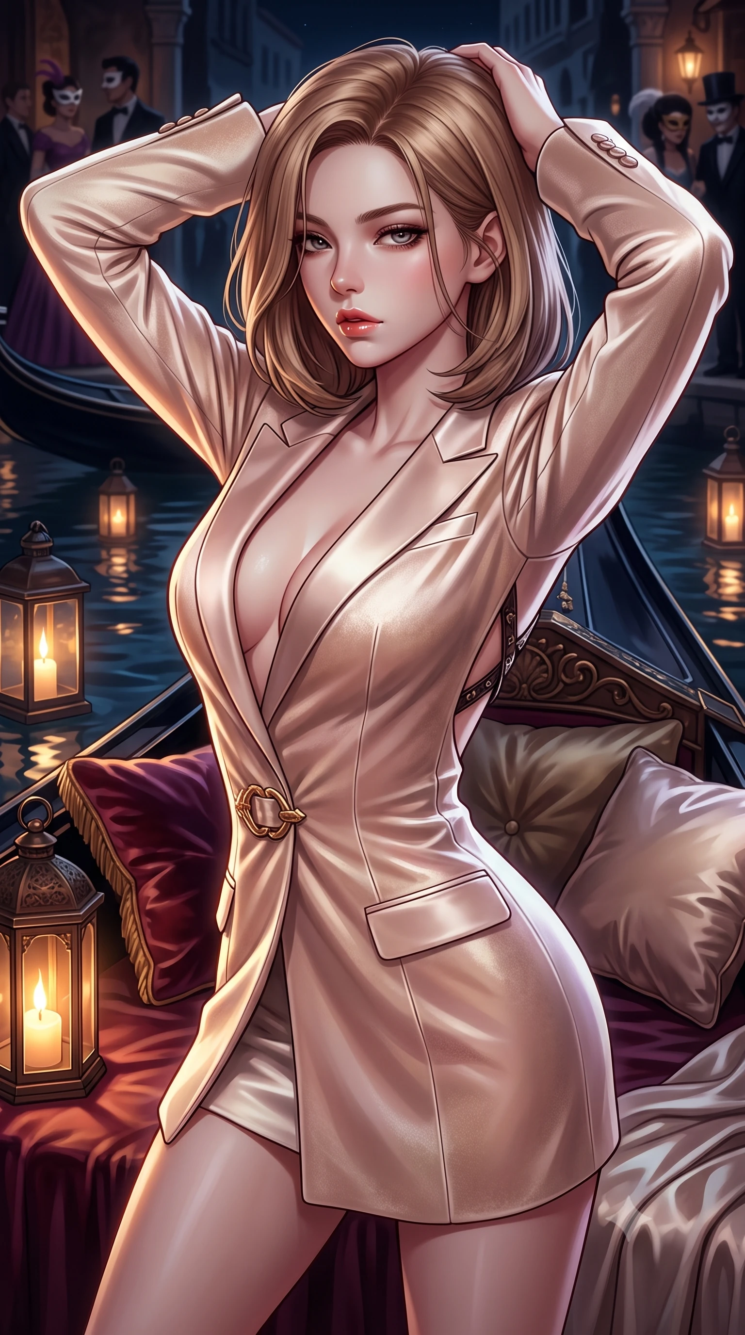 score_9, masterpiece, best quality, ultra-detailed, high-budget anime keyframe, semi-realistic 3D game render, editorial fashion photography, tasteful artistic composition, Korean woman. close-up cowboy shot from the waist and thighs up, the character dominates the composition, filling the frame with her large presence. twisting her slender torso in a deep contrapposto stance, hips dramatically shifted to accentuate her feminine curves while looking past her shoulder with smoldering bedroom-eyes while stretching languidly on the gondola daybed with hands raised behind her head, parted glossy lips reflecting flickering lantern glow. The surrounding environment is rendered in vivid detail and crisp panoramic clarity. rich high-contrast Venetian nocturnal chiaroscuro and decadent masquerade romance aesthetics in precision. She has an exceptionally elegant, slender, and willowy female figure with an ultra-slim waist, flat toned midriff, narrow ribcage, and sculpted feminine hips creating an alluring, slim hourglass silhouette without bulk. sharp v-shaped jawline, high-bridge nose, intricate jewel-like eyes with depth, thick eyelashes, glossy parted lips with a natural sheen, intensely captivating and seductive bedroom-eyes expression, flawlessly proportioned anatomical accuracy, strict slender model proportions, natural body alignment, perfectly sculpted long slender limbs, ultra-slim waistline, clean dynamic posture without body distortion. wearing a tailored velvet tuxedo jacket dress with satin lapels, worn with a deep plunge neckline and gold hip buckle in vintage champagne ivory and delicate rose gold, tailored from ultra-smooth duchess satin with a pearlescent sheen, featuring an open-back criss-cross harness strap in dark leather, the form-contouring material adhering flawlessly to her sculpted flat midriff and slender torso, emphasizing her long leg lines and perfectly proportioned willowy build. surrounded by an aristocratic, scandalous, and breathlessly captivating Venetian siren aura. highly saturated vibrant anime colors, detailed shading with soft gradients, rich glossy textures, high-contrast stereoscopic depth, volumetric dynamic lighting, master piece, 9:16 ratio