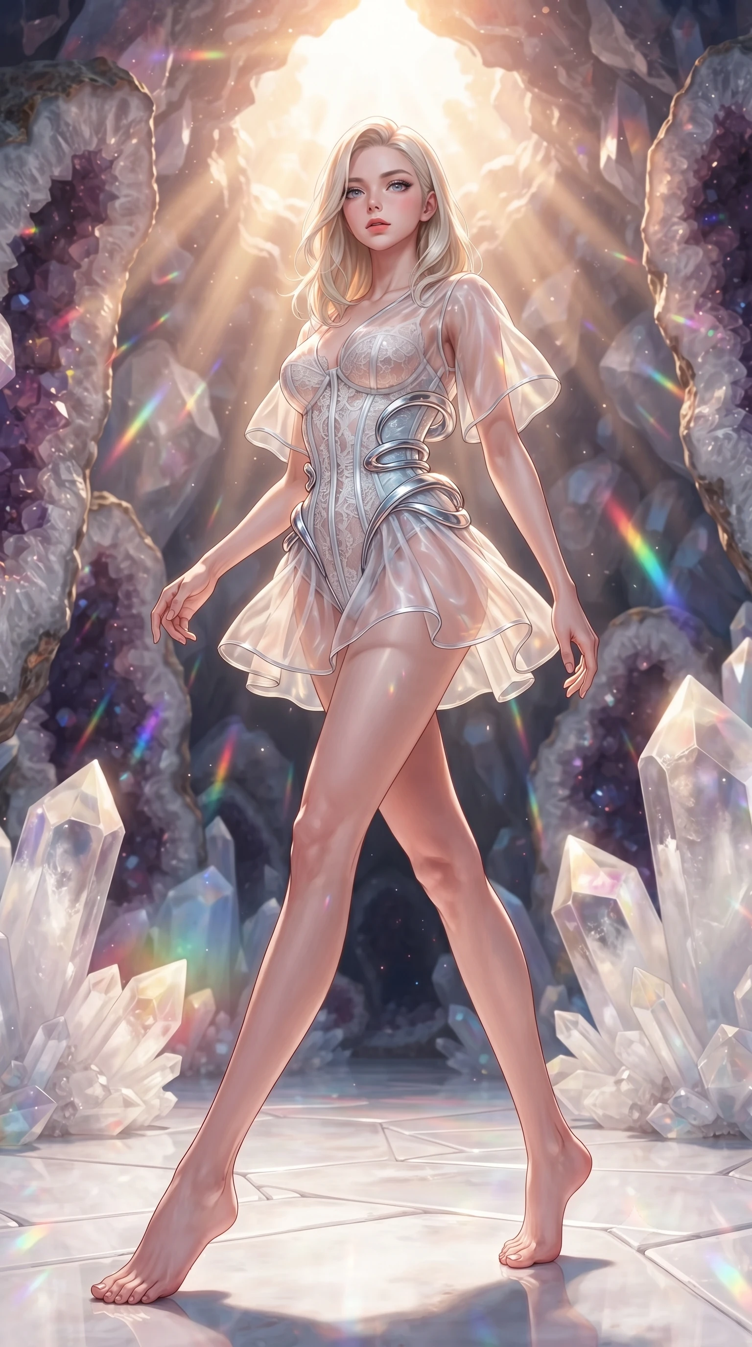 score_9, masterpiece, best quality, ultra-detailed, high-budget anime keyframe, editorial fashion photography, tasteful artistic composition, Caucasian woman. low angle full-body shot from head to toe showing her feet, filling the entire 9:16 vertical frame with her statuesque presence, stretching her vertical silhouette. stepping gracefully through the radiant environment, stretching her statuesque silhouette, poised on a polished white crystal floor surrounded by giant raw geode walls, raw geode crystal facets scattering rose, violet, and gold specular rays. She has an absolutely perfect, statuesque 8.5-heads proportion, an exceptionally tall and slender model-like female figure with impossibly long slender legs and an ultra-slim waist. sharp v-shaped jawline, high-bridge nose, intricate jewel-like eyes with depth, thick eyelashes, glossy lips with a natural sheen. wearing translucent opal organza mini dress over structured white lace corset in metallic silver, made of sculpted platinum chrome, accented with sculpted opal chrome rings at the waist, the fitted fabric emphasizing her ultra-slim waist. bathed in warm sunbeams piercing the top of the geode cavern. highly saturated vibrant anime colors, detailed shading with soft gradients, rich glossy textures, high-contrast stereoscopic depth, volumetric dynamic lighting, master piece, 9:16 ratio