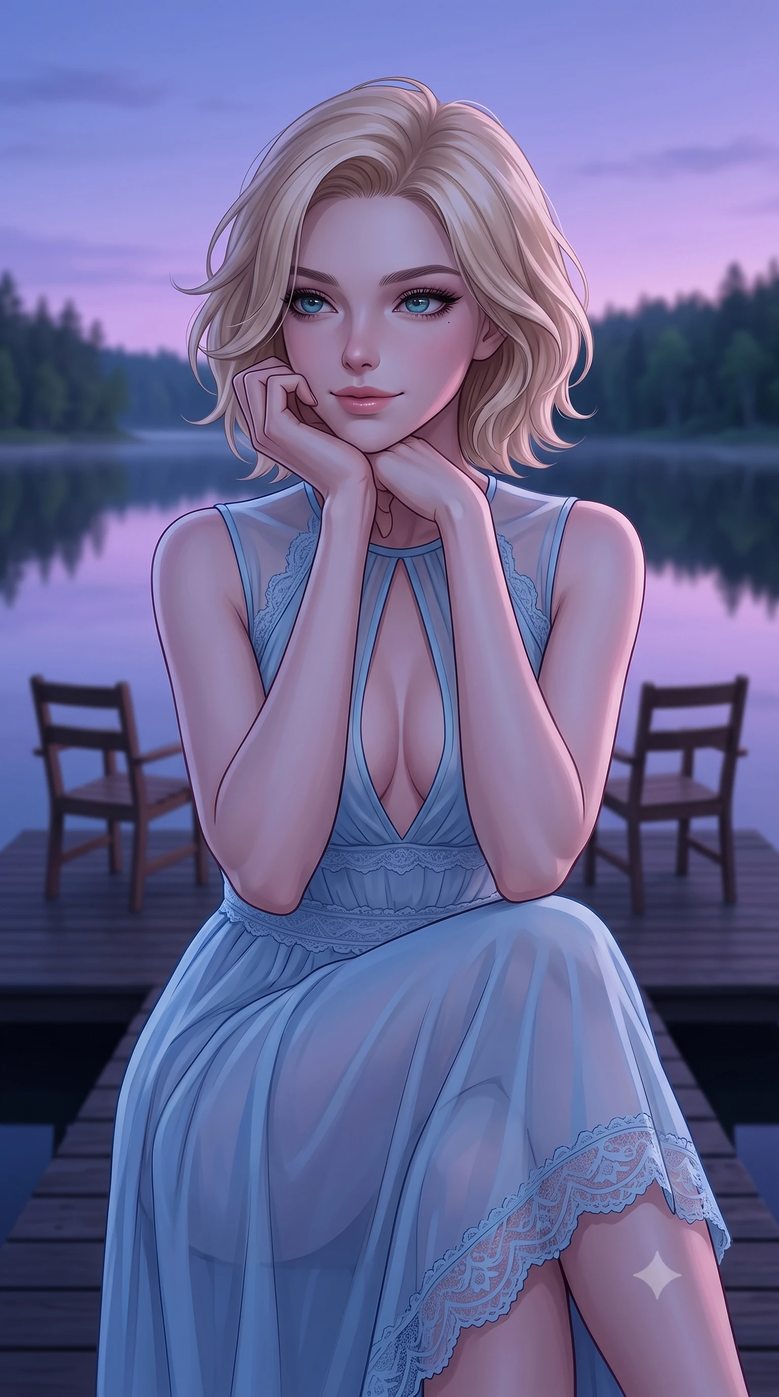 score_9, masterpiece, best quality, ultra-detailed, high-budget anime keyframe, editorial fashion photography, tasteful artistic composition, Caucasian woman woman. close-up cowboy shot from the waist and thighs up, the character dominates the composition, filling the frame with her large presence, background elements kept in soft focus. resting her chin on her hand, looking out at the beautiful scenery with a soft smile the background shows a soft-focus a simple dark wood deck extending over a calm forest lake, with two chairs. She has an exceptionally elegant, slender, and willowy female figure with an ultra-slim waist, a gracefully sculpted slender torso, and a refined silhouette. sharp v-shaped jawline, high-bridge nose, intricate jewel-like eyes with depth, thick eyelashes, glossy lips with a natural sheen. wearing a tailored sheer chiffon midi dress in baby blue, featuring a plunging keyhole cutout and lace trim. the serene purple and blue hues of twilight reflecting on the still water. 2k, ultra detail, master piece, 9:16 ratio