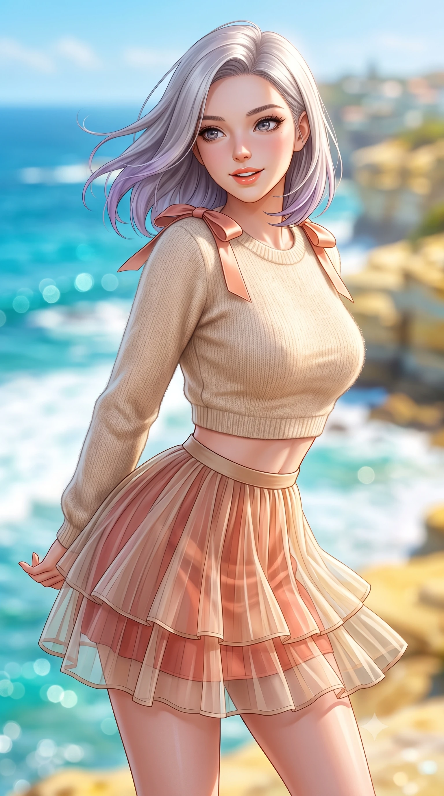 score_9, masterpiece, best quality, ultra-detailed, high-budget anime keyframe, semi-realistic 3D game render, editorial fashion photography, tasteful artistic composition, Caucasian woman. close-up cowboy shot from the waist and thighs up, the character dominates the composition, filling the frame with her large presence. resting both hands lightly behind her back while leaning toward the lens with a cheerful, teasing grin, her form-fitting outfit hugging her narrow waist and feminine hip curve while turning in an alluring dancer S-curve as ocean trade winds whip her hair, gazing toward crashing white surf with parted glossy lips. The composition keeps background elements in soft focus with dreamy creamy bokeh. glittering turquoise Bondi ocean waters, white breaking surf, and yellow sandstone cliffs blurred into cyan, sapphire, and gold bokeh. She has an exceptionally elegant, slender, and willowy female figure with an ultra-slim waist, flat toned midriff, narrow ribcage, and sculpted feminine hips creating an alluring, slim hourglass silhouette without bulk. sharp v-shaped jawline, high-bridge nose, intricate jewel-like sparkling eyes with depth, thick eyelashes, glossy parted lips with a natural peach sheen, bright cheerful beaming smile with an enchanting and coquettish sensual glint, exuding both youthful cute charm and seductive allure, flawlessly proportioned anatomical accuracy, strict slender model proportions, natural body alignment, perfectly sculpted long slender limbs, ultra-slim waistline, clean dynamic posture without body distortion. wearing a soft angora crop knit sweater with a sheer pleated organza mini skirt over an opaque silk slip in warm coral pink and soft oatmeal beige, woven from layered gossamer organza with weightless flutter, finished with cute satin bow ribbons tying at the shoulders, the high-waisted tailoring accentuating her ultra-slim waistline and the enchanting curve of her feminine hips with alluring charm. bathed in brilliant Australian coastal sunshine and radiant turquoise water bounce fill. highly saturated vibrant anime colors, detailed shading with soft gradients, rich glossy textures, high-contrast stereoscopic depth, volumetric dynamic lighting, master piece, 9:16 ratio