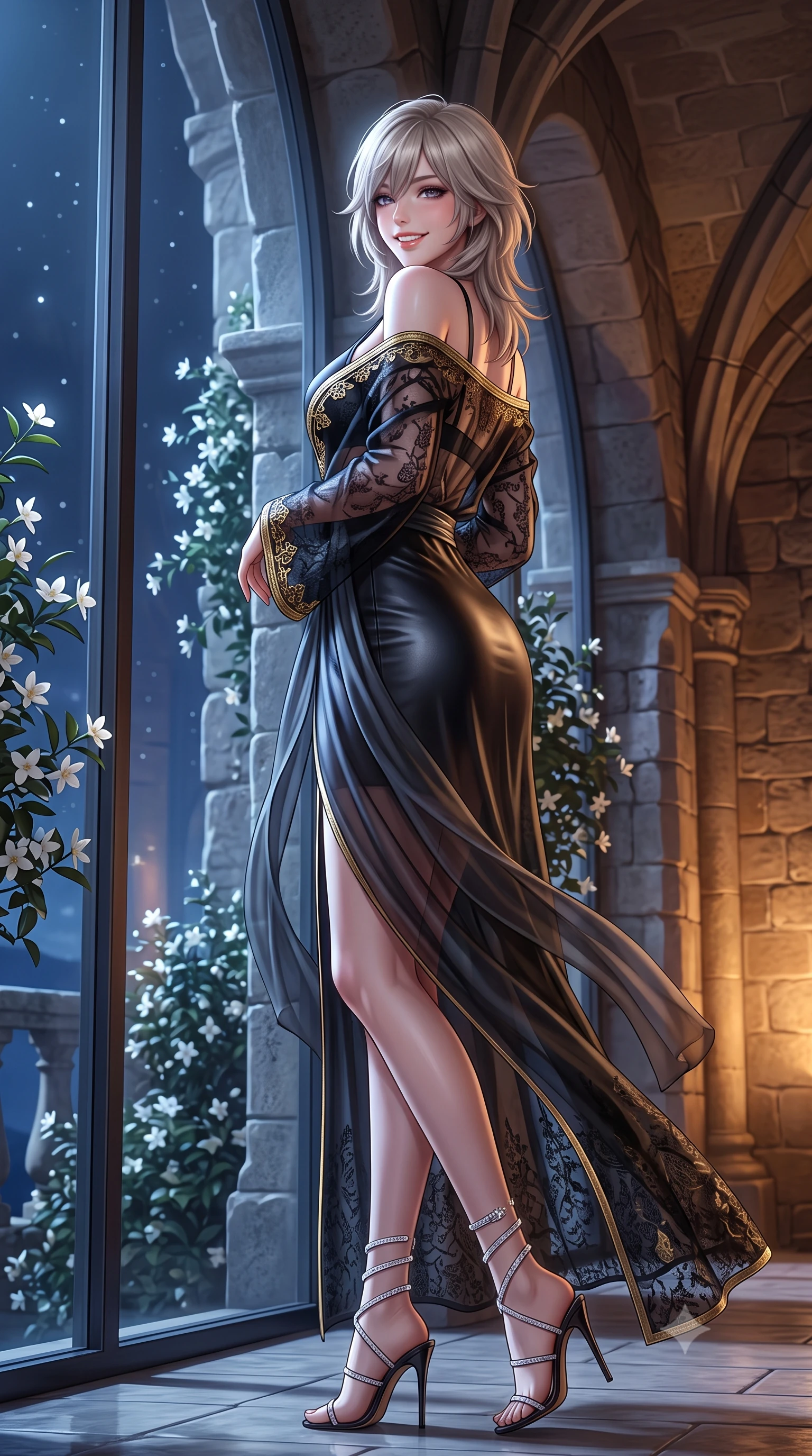 score_9, masterpiece, best quality, ultra-detailed, high-budget anime keyframe, semi-realistic 3D game render, editorial fashion photography, tasteful artistic composition, Japanese woman. low angle full-body shot from head to toe showing her feet, filling the entire 9:16 vertical frame with her statuesque presence, stretching her vertical silhouette. walking along the terrace with poise, looking back over her bare shoulder with an irresistible smoldering bedroom-gaze while standing poised on the white stone platform at the highest cliff point of Anacapri, arching her lower back as Mediterranean nocturnal winds billow sheer linen canopies around her silhouette. The background shows a soft-focus vast panorama of the open Mediterranean Sea stretching to the horizon, shooting stars streaking across dense Milky Way starfields, and cliff edge shrubs blurred into indigo, diamond, and cream bokeh. She has an exceptionally tall and slender model-like 8.5-heads proportion, an ultra-slim waist, a flat toned midriff, narrow delicate ribcage, and beautifully sculpted feminine hips creating a graceful, slim hourglass silhouette without any bulky heaviness, with impossibly long slender legs. sharp v-shaped jawline, high-bridge nose, intricate jewel-like sparkling eyes with depth, thick eyelashes, glossy parted lips with a natural peach sheen, bright cheerful beaming smile with an enchanting and coquettish sensual glint, exuding both youthful cute charm and seductive allure, flawlessly proportioned anatomical accuracy, strict slender model proportions, natural body alignment, perfectly sculpted long slender limbs, ultra-slim waistline, clean dynamic posture without body distortion. wearing a delicate sheer French lace halter teddy with a low scoop back and crystal garter attachments in Kyoto moonlit sakura blush and polished urushi black, made of fluid liquid jersey with seamless sculpting hold and smooth contours, accented with a pearl-drop body harness subtly framing her dewy collarbones and spine, the precision-cut side openings and low-back scoop framing her graceful spine and the sensual sweep of her slim, toned hips. bathed in the brilliant silver starlight of the unpolluted island sky mixed with oversized hurricane candle lanterns. highly saturated vibrant anime colors, detailed shading with soft gradients, rich glossy textures, high-contrast stereoscopic depth, volumetric dynamic lighting, master piece, 9:16 ratio