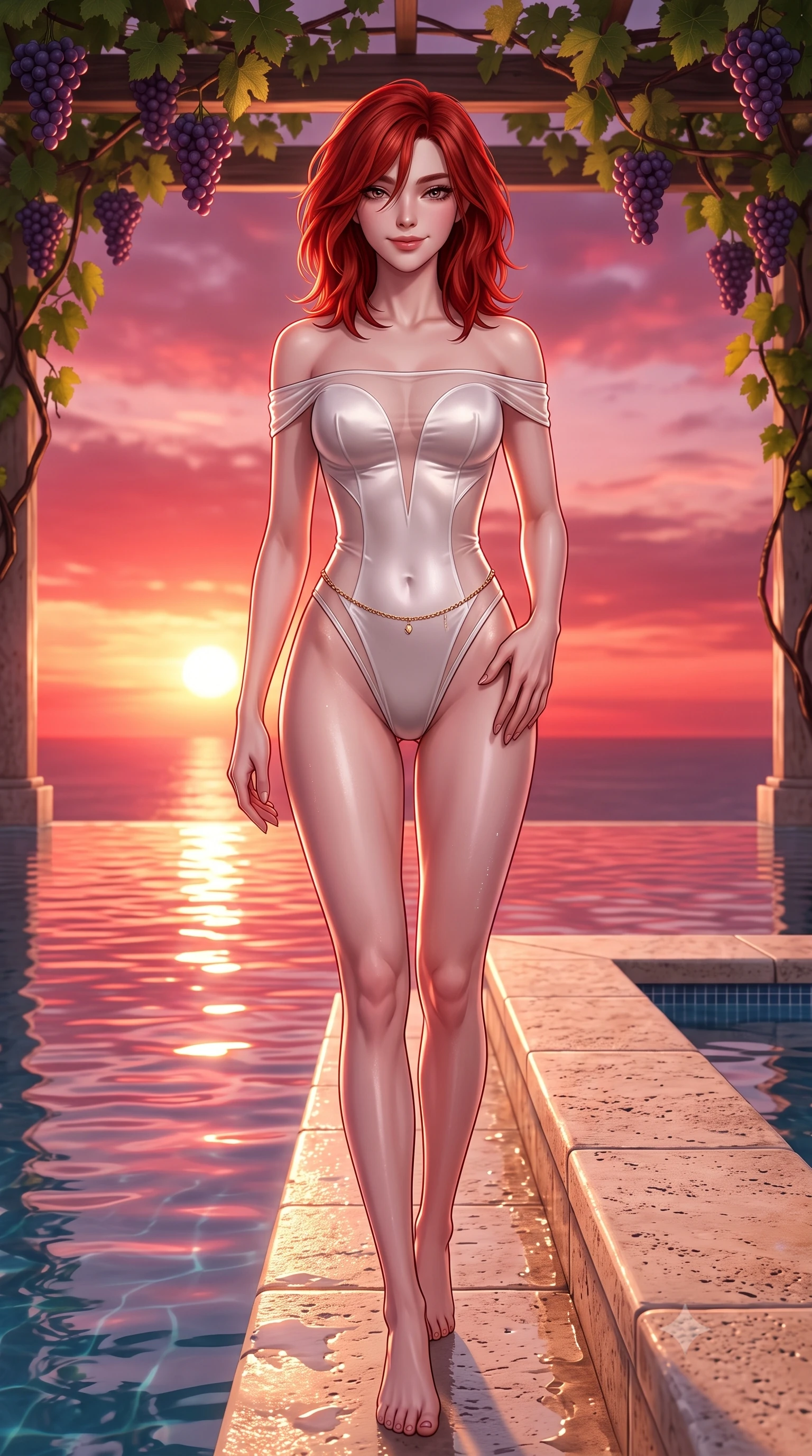 score_9, masterpiece, best quality, ultra-detailed, high-budget anime keyframe, semi-realistic 3D game render, editorial fashion photography, tasteful artistic composition, Korean woman. close-up cowboy shot from the waist and thighs up, the character dominates the composition, filling the frame with her large presence. tilting her head with a teasing half-smile, running one hand slowly down the side of her hip in a flirtatious S-curve as ambient light caresses her silhouette while walking slowly along the wet travertine edge of the infinity pool, arching her spine with seductive grace as the fiery crimson sunset reflects in the water. The surrounding environment is rendered in vivid detail and crisp panoramic clarity: sharp travertine stone pool coping, ripe purple grape cluster details on overhead trellis, and pool surface meniscus in deep focus. She has an exceptionally elegant, slender, and willowy female figure with an ultra-slim waist, flat toned midriff, narrow ribcage, and sculpted feminine hips creating an alluring, slim hourglass silhouette without bulk. sharp v-shaped jawline, high-bridge nose, sparkling eyes with hypnotic seductive depth, thick curled eyelashes, glossy parted lips with a natural dewy peach sheen, alluring bedroom-eyes with an enchanting coquettish smile, exuding magnetic siren charisma and sophisticated glamour, flawlessly proportioned anatomical accuracy, strict slender model proportions, natural body alignment, perfectly sculpted long slender limbs, ultra-slim waistline, clean dynamic posture without body distortion. wearing an off-the-shoulder sheer-illusion mesh bodysuit with strategic velvet flocking and high-cut leg openings in pure pearl alabaster with platinum sheen, crafted from fluid liquid silk satin that clings smoothly to every curve with a dewy sheen, accented with a dainty gold belly chain resting across her flat midriff and curving hips, the form-contouring silhouette accentuating her sculpted flat midriff, narrow delicate ribcage, and gracefully curvy hips with intoxicating allure. illuminated by pool water specular reflections and sharp rose-gold rim lights defining her delicate clavicles, ultra-slim waist, and curvy hips. highly saturated vibrant anime colors, detailed shading with soft gradients, rich glossy textures, high-contrast stereoscopic depth, volumetric dynamic lighting, master piece, 9:16 ratio