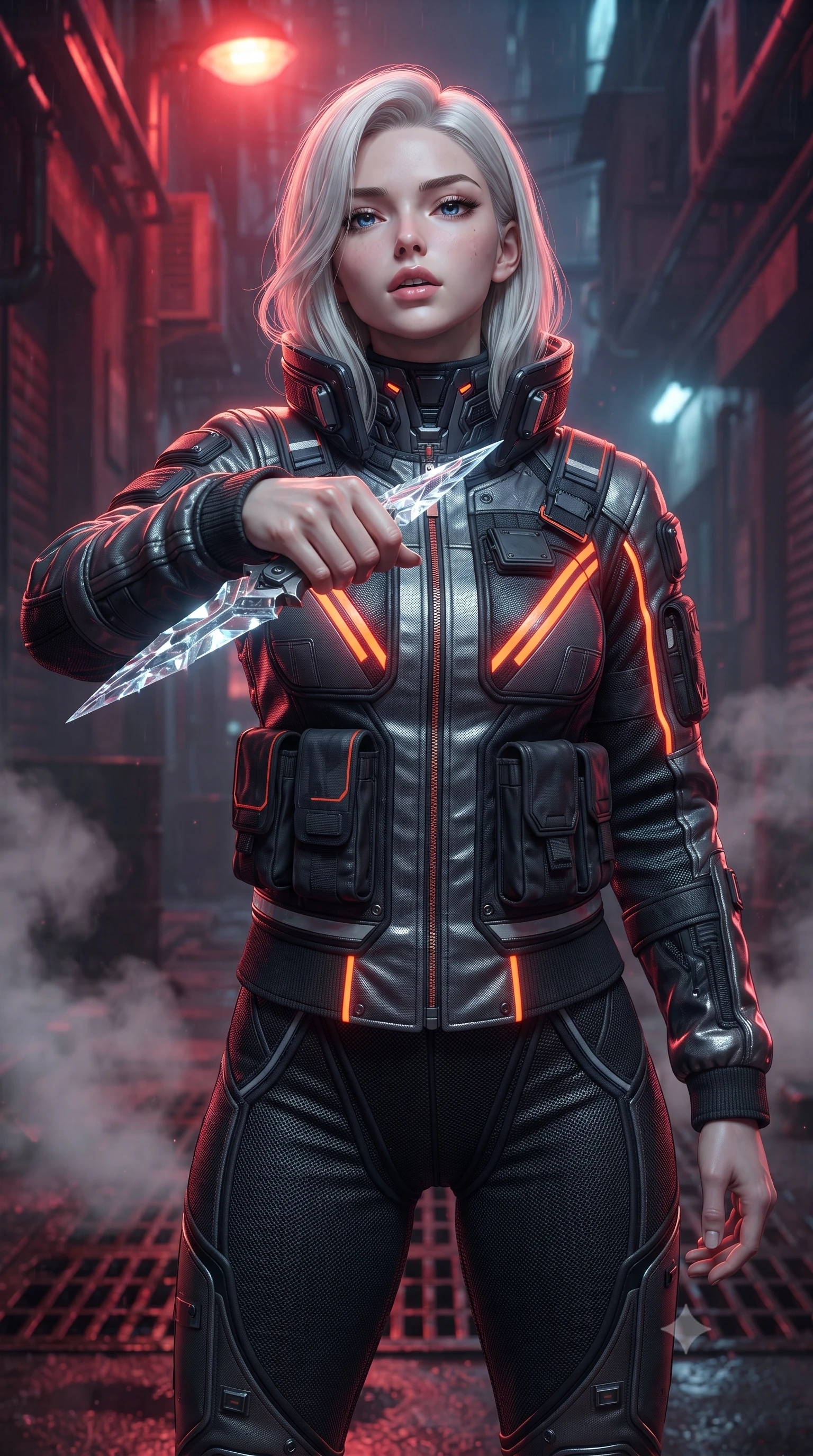 score_9, masterpiece, best quality, ultra-detailed, high-budget anime keyframe, editorial fashion photography, tasteful artistic composition, Caucasian woman. close-up cowboy shot from the waist and thighs up, the character dominates the composition, filling the frame with her large presence, background elements kept in soft focus. pointing a crystal-edged laser dagger forward in a defensive stance, tilting her chin up slightly with lips parted in a composed pose, the background shows a soft-focus a wet cyberpunk alleyway filled with steam rising from rusted iron grates. She has an exceptionally elegant, slender, and willowy female figure with an ultra-slim waist, a gracefully sculpted slender torso, and a refined silhouette. sharp v-shaped jawline, high-bridge nose, intricate jewel-like eyes with depth, thick eyelashes, glossy lips with a natural sheen. wearing a body-hugging heavy polar-combat jacket with neon orange warning stripes, worn over thick carbon-mesh thermal trousers. underground steam vents catching a pulsing crimson warning beacon light from above. ultra-reflective glossy finish, specular highlights, metallic sheen, high-contrast stereoscopic depth, volumetric dynamic lighting, 2k, ultra detail, master piece, 9:16 ratio