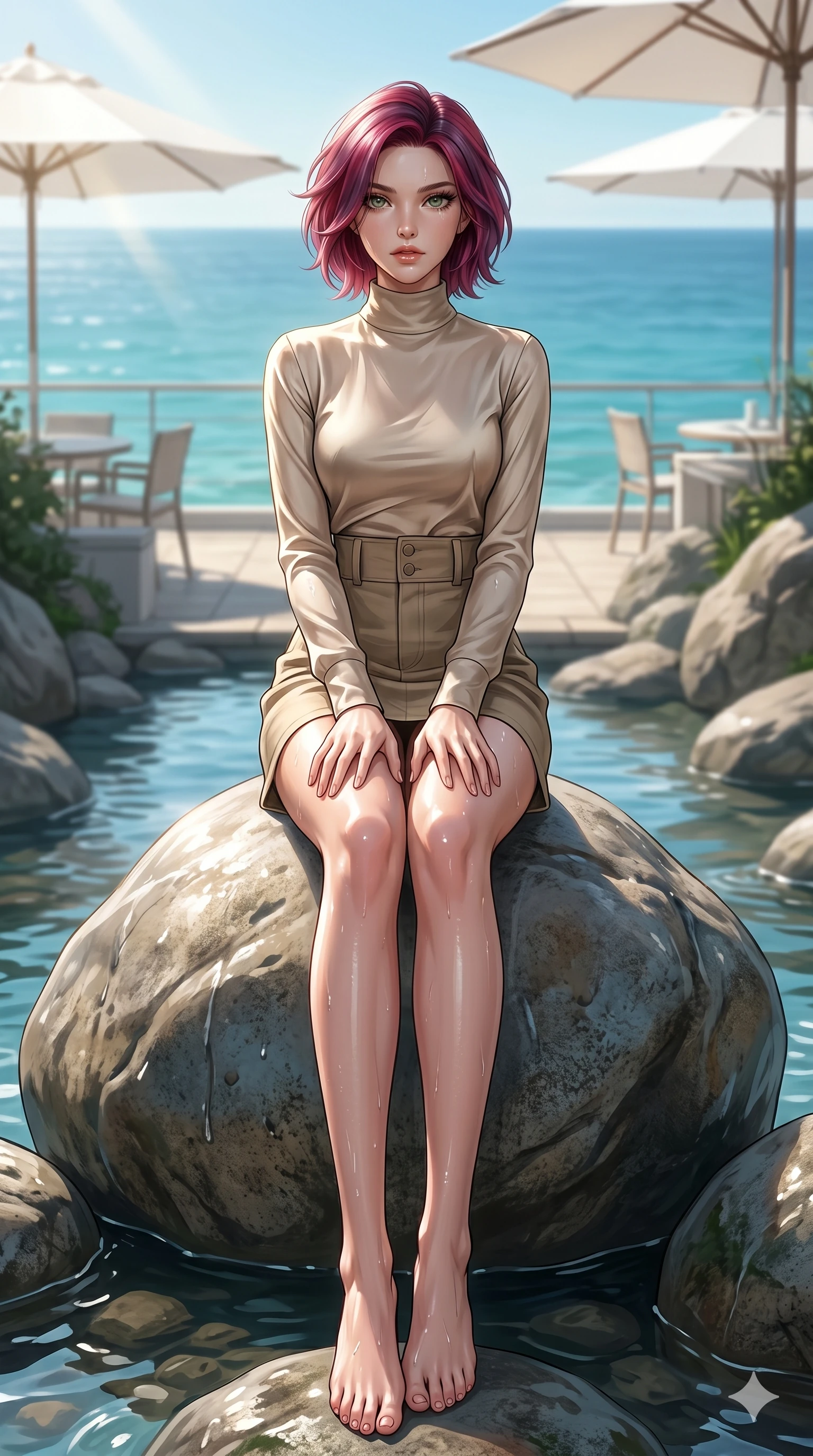 score_9, masterpiece, best quality, ultra-detailed, high-budget anime keyframe, editorial fashion photography, tasteful artistic composition, Caucasian woman, strictly human ears. low angle full-body shot from head to toe showing her feet, filling the entire 9:16 vertical frame with her statuesque presence, stretching her vertical silhouette. sitting on a smooth boulder in the middle of the valley stream, resting her hands on her knees, looking at the lens at a coastal cafe terrace with white umbrellas and panoramic ocean views (Code-P19-017). She has an absolutely perfect 8-heads proportion, an exceptionally tall and slender female figure with impossibly long slender legs and an ultra-slim waist. V-shaped jawline, high-bridge nose, intricate jewel-like eyes with depth, thick eyelashes, glossy lips with a natural sheen. wearing a high-neck long-sleeved silk shirt under a structured high-waist cotton canvas skirt. drenched in brilliant afternoon sunbeams, with sharp specular highlights on her wet skin. 2k, ultra detail, master piece, 9:16 ratio
