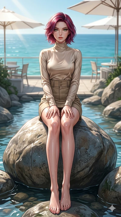 score_9, masterpiece, best quality, ultra-detailed, high-budget anime keyframe, editorial fashion photography, tasteful artistic composition, Caucasian woman, strictly human ears. low angle full-body shot from head to toe showing her feet, filling th