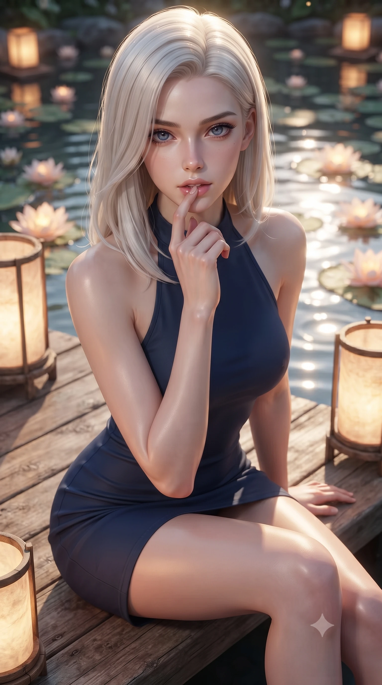 score_9, masterpiece, best quality, ultra-detailed, high-budget anime keyframe, editorial fashion photography, tasteful artistic composition, Caucasian woman. close-up cowboy shot from the waist and thighs up, the character dominates the composition, filling the frame with her large presence, background elements kept in soft focus. pressing one finger to her bottom lip in a thoughtful, seductive gesture under the warm sun the background shows a soft-focus a quiet garden tea deck overlooking a Zen pond filled with glowing water lilies. She has an exceptionally elegant, slender, and willowy female figure with an ultra-slim waist, a gracefully sculpted slender torso, and a refined silhouette. sharp v-shaped jawline, high-bridge nose, intricate jewel-like eyes with depth, thick eyelashes, glossy lips with a natural sheen. wearing a form-contouring form-fitting halter dress in deep navy blue, contouring her athletic, slender build. warm paper lantern light reflecting off the still water surface. ultra-reflective glossy finish, specular highlights, metallic sheen, high-contrast stereoscopic depth, volumetric dynamic lighting, 2k, ultra detail, master piece, 9:16 ratio