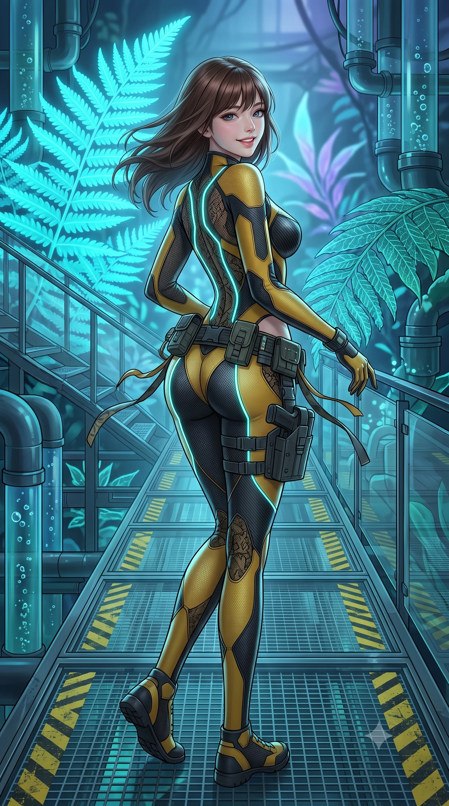 score_9, masterpiece, best quality, ultra-detailed, high-budget anime keyframe, semi-realistic 3D game render, editorial fashion photography, tasteful artistic composition, Korean woman. low angle full-body shot from head to toe showing her feet, filling the entire 9:16 vertical frame with her statuesque presence, stretching her vertical silhouette. executing a cheerful mid-motion pivot turn as her tactical belt and ribbons flutter around her slender legs, glancing over her shoulder with an intoxicating, teasing bedroom-gaze while twisting her slender torso in an alluring S-curve beside giant pulsating cyan ferns, organic glow tracing her narrow waist and curvy hips. The surrounding environment is rendered in vivid detail and crisp panoramic clarity: sharp translucent plant leaf venation, nutrient pipe bubbles, and glass catwalk grating texture in deep focus. She has an absolutely perfect, statuesque 8.5-heads proportion, an exceptionally tall and slender model-like female figure with impossibly long slender legs, an ultra-slim waist, a flat toned midriff, narrow delicate ribcage, and beautifully sculpted feminine hips creating a graceful, slim hourglass silhouette without any bulky heaviness. sharp v-shaped jawline, high-bridge nose, intricate jewel-like sparkling eyes with depth, thick eyelashes, glossy parted lips with a natural sheen, bright confident smile with an enchanting and coquettish sensual glint, exuding both youthful magnetic charm and sovereign high-tech allure, flawlessly proportioned anatomical accuracy, strict slender model proportions, natural body alignment, perfectly sculpted long slender limbs, ultra-slim waistline, clean dynamic posture without body distortion. wearing a form-contouring semi-opaque dark mesh catsuit with carbon-plated cups and fine lace-pattern panels across her torso in industrial hazard yellow and matte carbon black, crafted from lightweight aerodynamic matte carbon-fiber weave with structural stiffness, accented with glowing neon fiber-optic piping tracing her spine and hip lines, the form-contouring cut accentuating her sculpted flat midriff, narrow delicate ribcage, and gracefully curvy hips with cybernetic supermodel precision. bathed in cool ethereal aqua and ultraviolet bioluminescent light radiating from living plants. highly saturated vibrant anime colors, detailed shading with soft gradients, rich glossy textures, high-contrast stereoscopic depth, volumetric dynamic lighting, master piece, 9:16 ratio