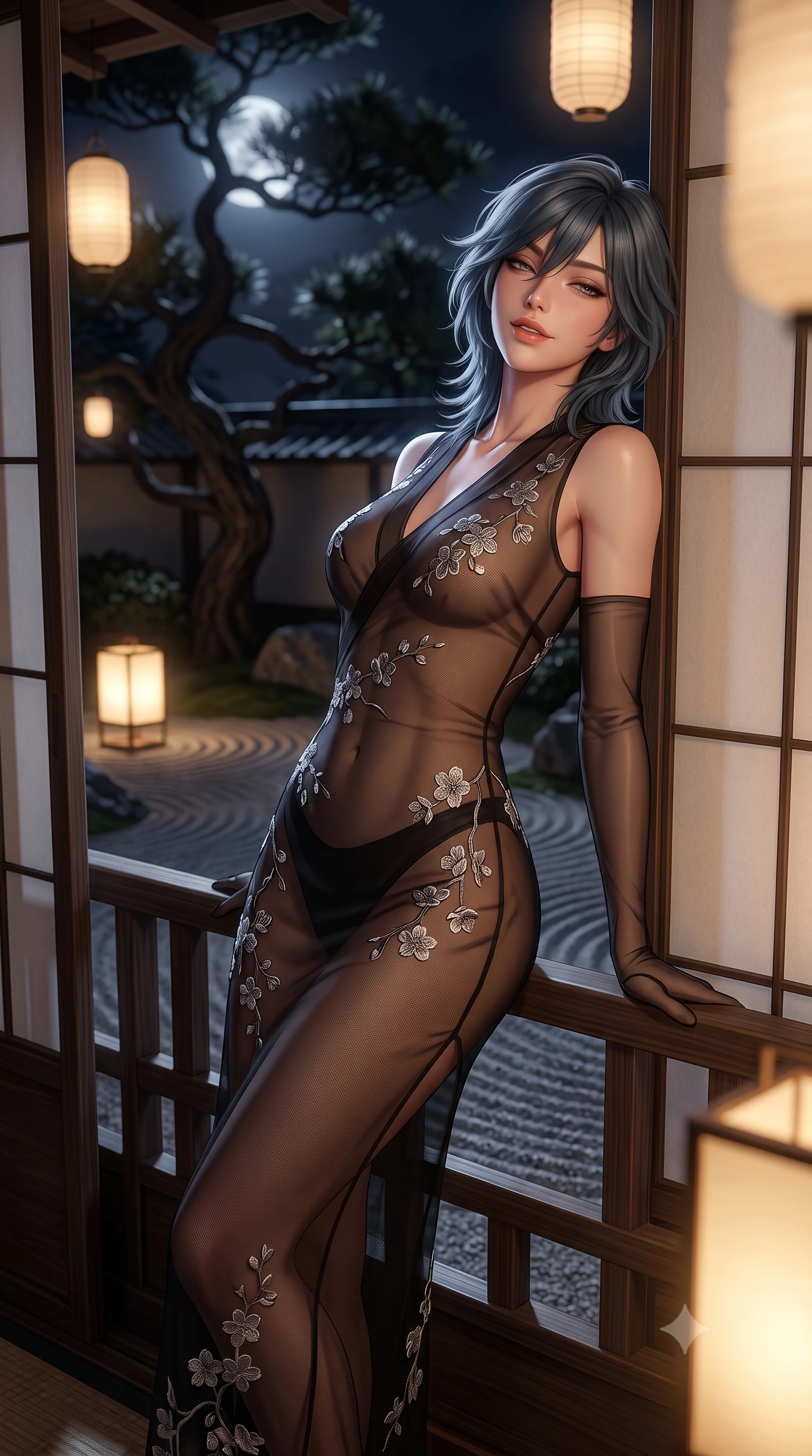 score_9, masterpiece, best quality, ultra-detailed, high-budget anime keyframe, semi-realistic 3D game render, editorial fashion photography, tasteful artistic composition, Caucasian woman. close-up cowboy shot from the waist and thighs up, the character dominates the composition, filling the frame with her large presence. leaning back against the balustrade with relaxed seductive grace, head tilted back slightly while casting a hypnotic, heavy-lidded gaze while standing poised beside the floor-to-ceiling opened shoji screens overlooking the dry rock garden, arching her spine with geisha-inspired supermodel poise as moonlight silhouettes twisted black pines. The background shows a soft-focus twisted silhouettes of centuries-old black pines against silver moonlit sky, raked gravel garden ripples, and hanging andon lanterns blurred into ivory, charcoal, and gold bokeh. She has an exceptionally elegant, slender, and willowy female figure with an ultra-slim waist, flat toned midriff, narrow ribcage, and sculpted feminine hips creating an alluring, slim hourglass silhouette without bulk. sharp v-shaped jawline, high-bridge nose, intricate jewel-like sparkling eyes with depth, thick eyelashes, glossy parted lips with a natural peach sheen, bright cheerful beaming smile with an enchanting and coquettish sensual glint, exuding both youthful cute charm and seductive allure, flawlessly proportioned anatomical accuracy, strict slender model proportions, natural body alignment, perfectly sculpted long slender limbs, ultra-slim waistline, clean dynamic posture without body distortion. wearing a provocative sheer noir illusion mesh kimono dress with embroidered silver cherry blossom motifs framing her curves in Hakone steaming sulfur amber and volcanic basalt black, woven from fine semi-opaque stretch illusion mesh tracing her slender contours, complemented by sheer opera-length evening gloves tracing her slender arms, the form-contouring silhouette accentuating her sculpted flat midriff, narrow delicate ribcage, and gracefully curvy hips with intoxicating allure. bathed in the soft, intimate 2200K ambient illumination of traditional washi andon lamps mixed with cool silver moonlight. highly saturated vibrant anime colors, detailed shading with soft gradients, rich glossy textures, high-contrast stereoscopic depth, volumetric dynamic lighting, master piece, 9:16 ratio
