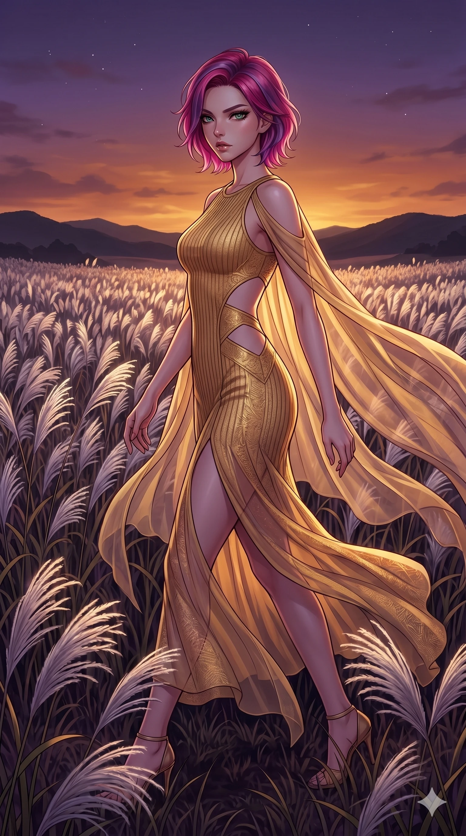 score_9, masterpiece, best quality, ultra-detailed, High-budget Anime Keyframe, East Asian woman. Dynamic full-body shot stretching the vertical silhouette to the limit. Scenario 138: Walking through a field of tall silver grass at twilight. Her presence is magnetic and overpowering in this high-budget anime scene. Outfit 138: A ribbed bodycon knit gold with a strategic side cut-outs and translucent layers. The clothing is designed to emphasize her exceptionally tall and slender 8-heads proportion. 8-heads proportion, towering silhouette, ultra-slim waist. sharp v-shaped jawline, intricate jewel-like eyes with depth, thick eyelashes, glossy lips. 2k, ultra detail, master piece, 9:16 ratio