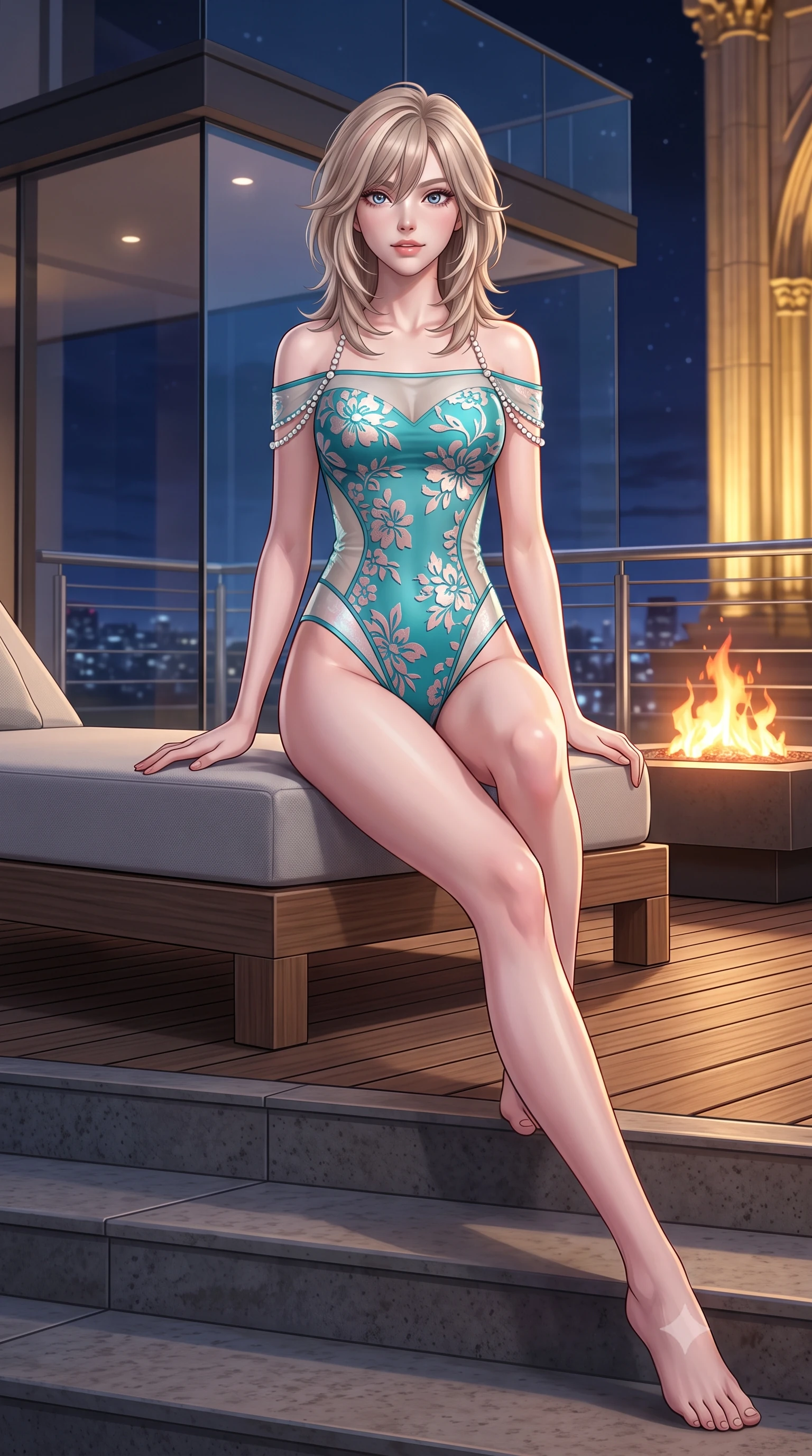 score_9, masterpiece, best quality, ultra-detailed, high-budget anime keyframe, semi-realistic 3D game render, editorial fashion photography, tasteful artistic composition, Japanese woman. low angle full-body shot from head to toe showing her feet, filling the entire 9:16 vertical frame with her statuesque presence, stretching her vertical silhouette. sitting poised on the stone steps with one knee bent, arching her spine with supermodel elegance as she glances upward through thick eyelashes while lounging in the modern low-profile daybed propped on one elbow with legs extended, displaying her long slender limbs and statuesque hourglass silhouette. The surrounding environment is rendered in vivid detail and crisp panoramic clarity: sharp frameless glass corner structural joints, natural teak decking grain, and stainless steel railing hardware in deep focus. She has an exceptionally tall and slender model-like 8.5-heads proportion, an ultra-slim waist, a flat toned midriff, narrow delicate ribcage, and beautifully sculpted feminine hips creating a graceful, slim hourglass silhouette without any bulky heaviness, with impossibly long slender legs. sharp v-shaped jawline, high-bridge nose, intricate jewel-like sparkling eyes with depth, thick eyelashes, glossy parted lips with a natural peach sheen, bright cheerful beaming smile with an enchanting and coquettish sensual glint, exuding both youthful cute charm and seductive allure, flawlessly proportioned anatomical accuracy, strict slender model proportions, natural body alignment, perfectly sculpted long slender limbs, ultra-slim waistline, clean dynamic posture without body distortion. wearing an off-the-shoulder sheer-illusion mesh bodysuit with strategic floral flocking and high-cut leg openings in Sentosa tropical coral reef teal and pure iridescent pearl, featuring strategic sheer-illusion tulle side panels framing her ribcage and hips, accented with a pearl-drop body harness subtly framing her dewy collarbones and spine, the glove-like clinging cut tightly following the natural contour of her hips and long slender legs with youthful 8.5-heads elegance. bathed in the contrast of warm 2200K fire table hearth glow and cool midnight sky fill with golden cathedral floodlights. highly saturated vibrant anime colors, detailed shading with soft gradients, rich glossy textures, high-contrast stereoscopic depth, volumetric dynamic lighting, master piece, 9:16 ratio