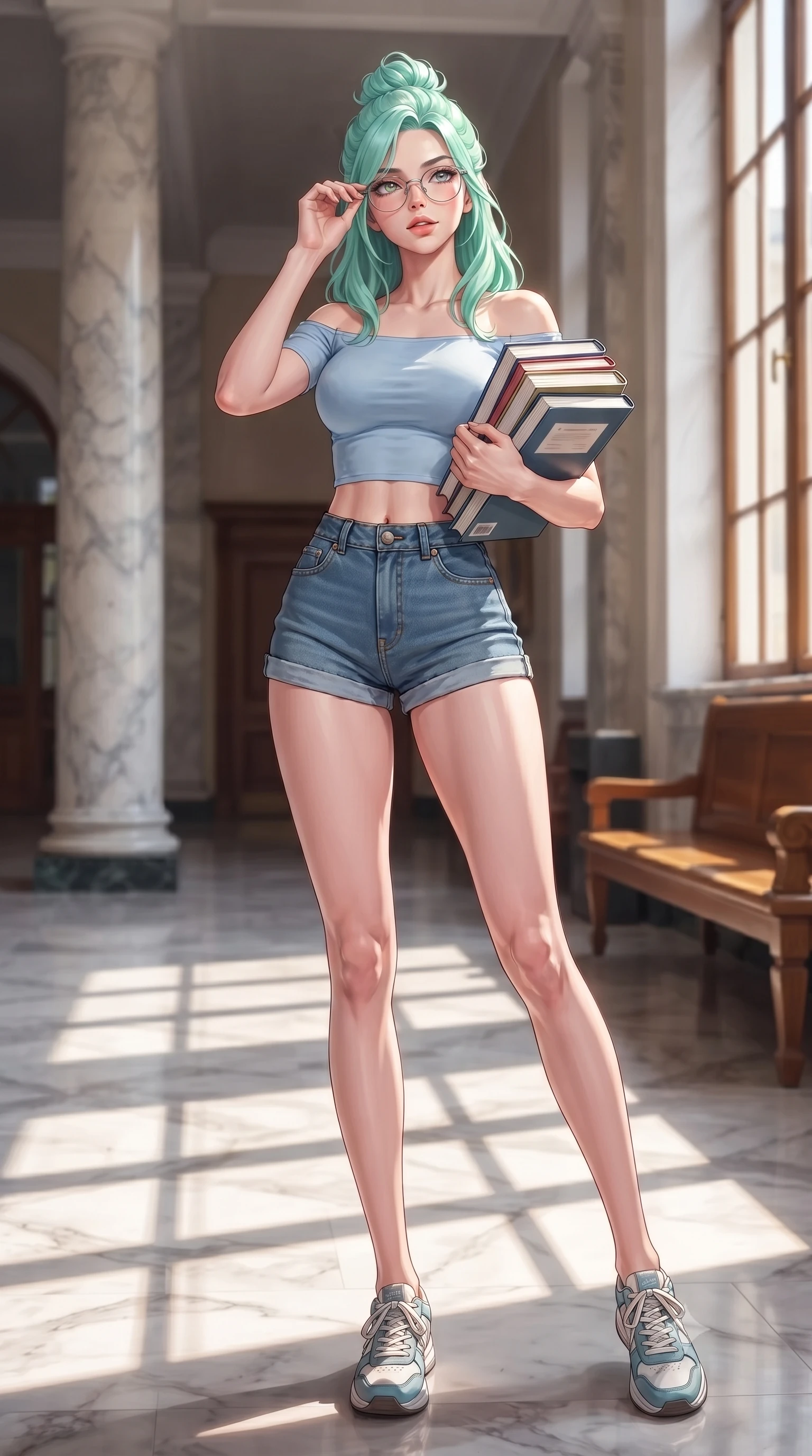 score_9, masterpiece, best quality, ultra-detailed, high-budget anime keyframe, editorial fashion photography, tasteful artistic composition, Japanese woman. low angle full-body shot from head to toe showing her feet, filling the entire 9:16 vertical frame with her statuesque presence, stretching her vertical silhouette. standing in a captivating power pose, tilting her chin up with a smoldering, bright expression set against a soft-focus background of inside a spacious university auditorium hallway with marble columns and wooden benches adjusting her glasses with a stack of textbooks held under her arm. She has an absolutely perfect, statuesque 8.5-heads proportion, an exceptionally tall and slender model-like female figure with impossibly long slender legs and an ultra-slim waist. sharp v-shaped jawline, high-bridge nose, intricate jewel-like eyes with depth, thick eyelashes, glossy lips with a natural sheen. wearing slim-fit off-shoulder crop top in baby blue, paired with high-waist denim shorts. bright afternoon sunlight casting crisp shadows of window frames on the floor. highly saturated vibrant anime colors, detailed shading with soft gradients, rich glossy textures, high-contrast stereoscopic depth, volumetric dynamic lighting, master piece, 9:16 ratio