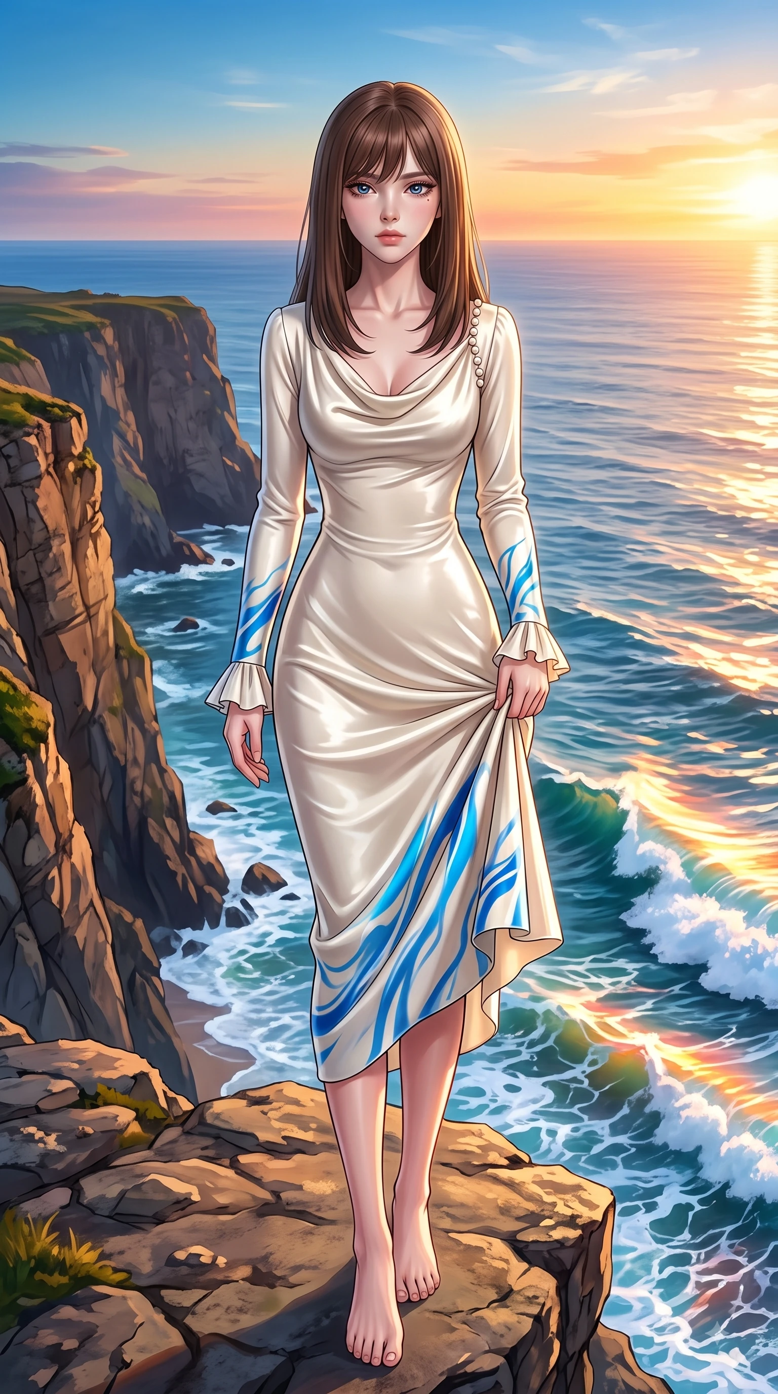 score_9, masterpiece, best quality, ultra-detailed, high-budget anime keyframe, editorial fashion photography, tasteful artistic composition, Korean woman. low angle full-body shot from head to toe showing her feet, filling the entire 9:16 vertical frame with her statuesque presence, stretching her vertical silhouette. Heart-tugging melancholic glance with a subtle drop of emotion in her eyes and a quiet wistful posture while standing dramatically on a seaside cliff edge as golden sunset light paints the crashing ocean waves. The surrounding environment is rendered in vivid detail and crisp panoramic clarity. crisp ocean horizon and golden hour sea refractions captured with environmental sharpness. She has an absolutely perfect, statuesque 8.5-heads proportion, an exceptionally tall and slender model-like female figure with impossibly long slender legs and an ultra-slim waist. sharp v-shaped jawline, high-bridge nose, intricate jewel-like eyes with depth, thick eyelashes, glossy lips with a natural sheen, flawlessly proportioned anatomical accuracy, natural body alignment, perfectly sculpted elegant limbs, clean dynamic posture without body distortion. wearing an elegant ivory silk cowl-neck dress with fluid draped lines in electric azure blue and cloud white, made of premium stretch velvet with a rich glossy sheen, accented with delicate pearl buttons and refined ruffle trims, the form-contouring material accentuating her ultra-slim waist and long lines. surrounded by an majestic, emotional, and breathtaking coastal editorial aura. highly saturated vibrant anime colors, detailed shading with soft gradients, rich glossy textures, high-contrast stereoscopic depth, volumetric dynamic lighting, master piece, 9:16 ratio