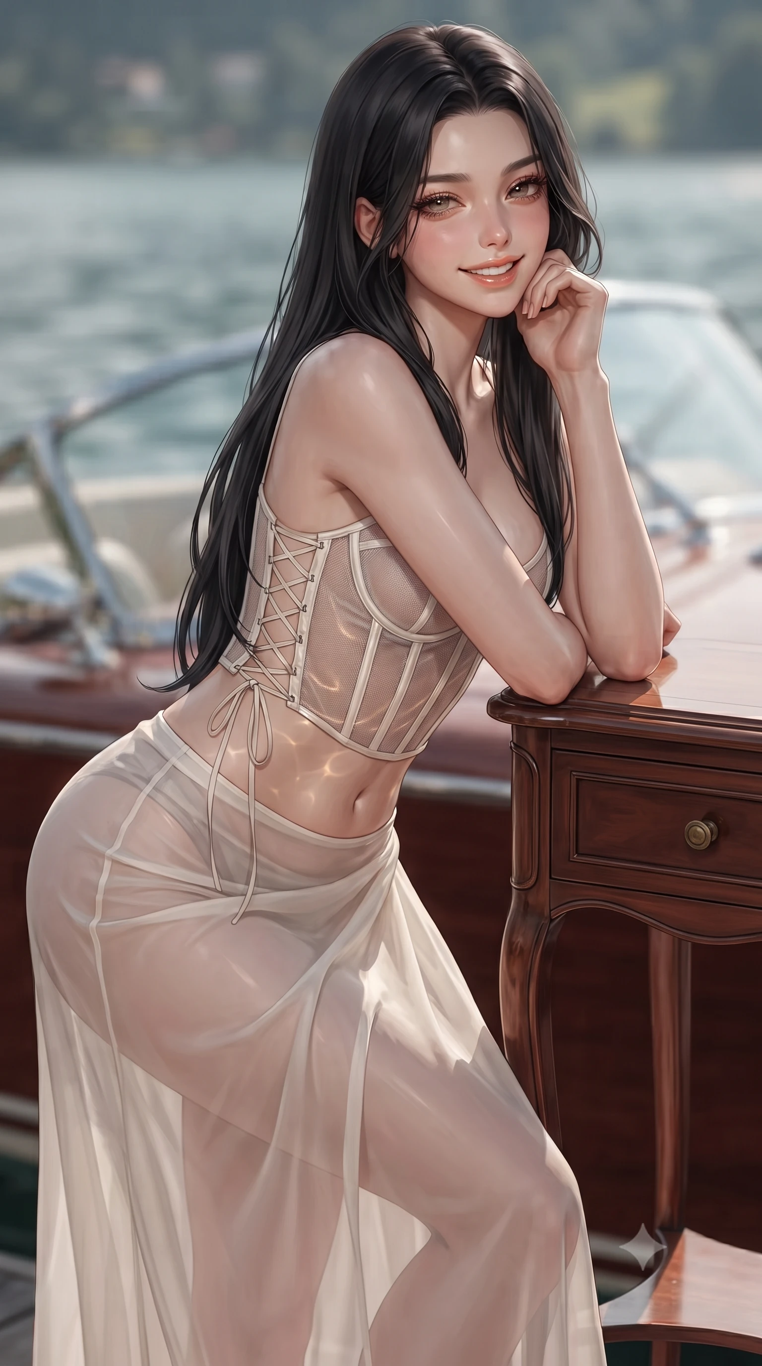score_9, masterpiece, best quality, ultra-detailed, high-budget anime keyframe, editorial fashion photography, tasteful artistic composition, Korean woman. close-up cowboy shot from the waist and thighs up, the character dominates the composition, filling the frame with her large presence. resting one elbow on the table and supporting her chin, leaning close to the camera with heavy-lidded sparkling eyes and parted lips while twisting her slender torso in an alluring contrapposto stance beside the private lake ladder, glowing water reflections dancing across her flat midriff and hips. The background shows a soft-focus vintage mahogany speedboat windshield reflections softened in exclusive Bavarian lakeside shallow focus. She has an exceptionally elegant, slender, and willowy female figure with an ultra-slim waist, flat toned midriff, narrow ribcage, and sculpted feminine hips creating an alluring, slim hourglass silhouette without bulk. sharp v-shaped jawline, high-bridge nose, intricate jewel-like sparkling eyes with depth, thick eyelashes, glossy parted lips with a natural peach sheen, bright cheerful beaming smile with an enchanting and coquettish sensual glint, exuding both youthful cute charm and seductive allure, flawlessly proportioned anatomical accuracy, strict slender model proportions, natural body alignment, perfectly sculpted long slender limbs, ultra-slim waistline, clean dynamic posture without body distortion. wearing a provocative translucent mesh corset bodice with boned satin channels paired with a sheer chiffon wrap maxi skirt in Belvedere ivory pearl and Habsburg bordeaux wine, made of sheer gossamer chiffon that drapes softly against skin with airy translucence, featuring fine criss-cross lace-up side ties revealing tantalizing glimpses of her hip curve, the glove-like clinging cut tightly following the natural contour of her hips and long slender legs with youthful 8.5-heads elegance. illuminated by lake water surface specular bounce and sharp honey-gold rim lights sculpting her jawline, narrow waist, and curvy hips. ultra-reflective glossy finish, specular highlights, rich textural contrasts, high-contrast stereoscopic depth, volumetric dynamic lighting, 2k, ultra detail, master piece, 9:16 ratio