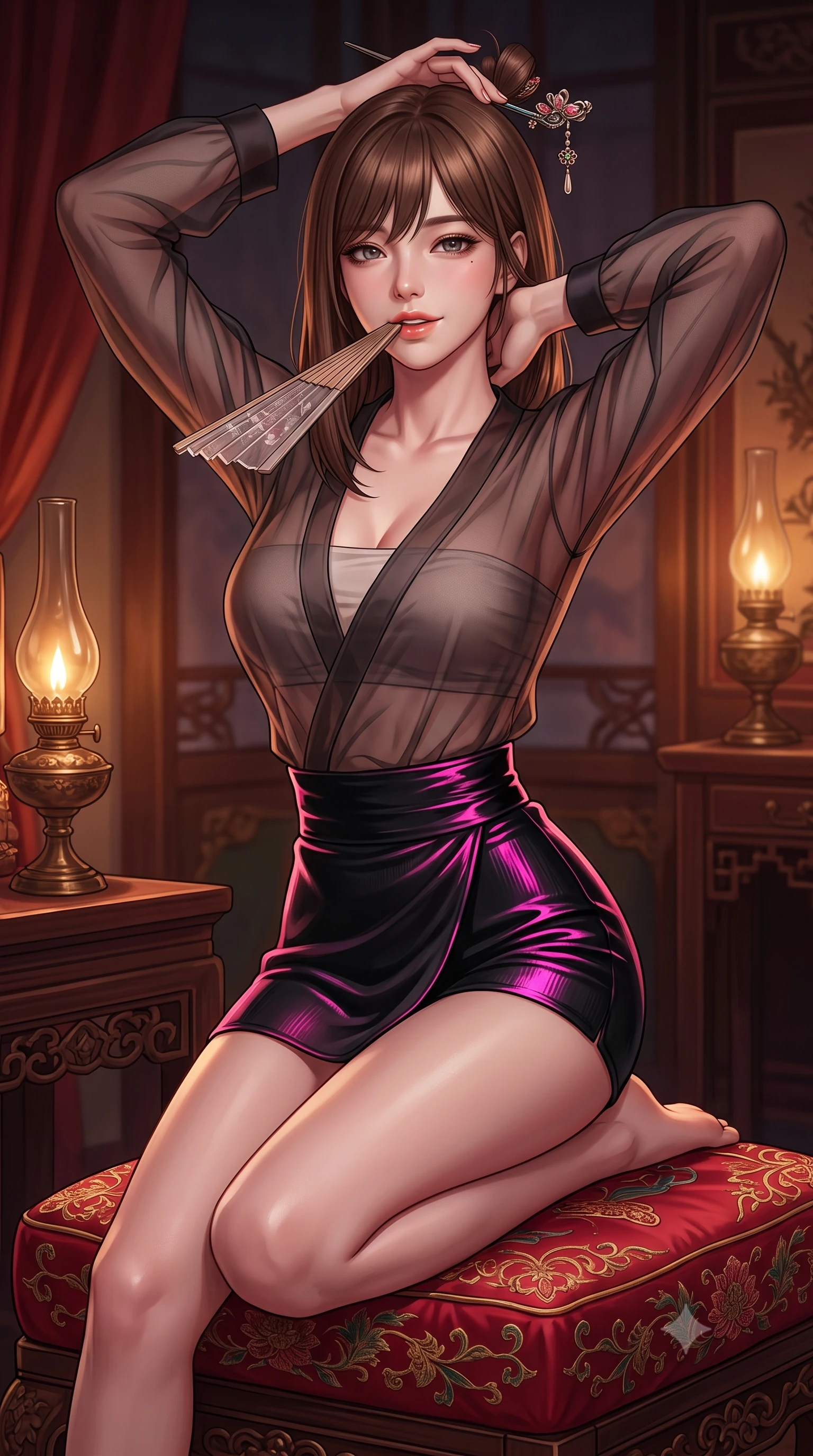score_9, masterpiece, best quality, ultra-detailed, high-budget anime keyframe, semi-realistic 3D game render, editorial fashion photography, tasteful artistic composition, Korean woman. close-up cowboy shot from the waist and thighs up, the character dominates the composition, filling the frame with her large presence. resting both hands lightly behind her neck with elbows raised, arching her spine to highlight her narrow waist, flat midriff, and breathtaking collarbones while sitting perched gracefully on an embroidered red silk hassock, one hand adjusting her hairpin with sovereign high-society allure. The surrounding environment is rendered in vivid detail and crisp panoramic clarity: detailed semi-sheer fabric weave, glistening lip gloss sheen, and historic imperial furniture craftsmanship in razor-sharp resolution. She has an exceptionally elegant, slender, and willowy female figure with an ultra-slim waist, flat toned midriff, narrow ribcage, and sculpted feminine hips creating an alluring, slim hourglass silhouette without bulk. sharp v-shaped jawline, high-bridge nose, sparkling eyes with hypnotic seductive depth, thick curled eyelashes, glossy parted lips with a natural dewy peach sheen, alluring bedroom-eyes with an enchanting coquettish smile, exuding magnetic siren charisma and sophisticated glamour, flawlessly proportioned anatomical accuracy, strict slender model proportions, natural body alignment, perfectly sculpted long slender limbs, ultra-slim waistline, clean dynamic posture without body distortion. wearing a deep V-neck sheer gossamer hanbok blouse layered over an opaque silk bandeau and high-waisted wrap shorts in wet-look onyx black with electric fuchsia reflections, tailored from fine ribbed modal knit with gentle elastic contouring and soft hand-feel, finished with a transparent silk folding fan held gracefully near her glossy parted lips, the liquid-tight tailored fabric clinging flawlessly to her narrow waist and rounded feminine hips, emphasizing every millimeter of her sculpted slim hourglass curves without any bulky heaviness. bathed in soft moody amber chiaroscuro lighting spilling from ornate bronze oil lamps. highly saturated vibrant anime colors, detailed shading with soft gradients, rich glossy textures, high-contrast stereoscopic depth, volumetric dynamic lighting, master piece, 9:16 ratio