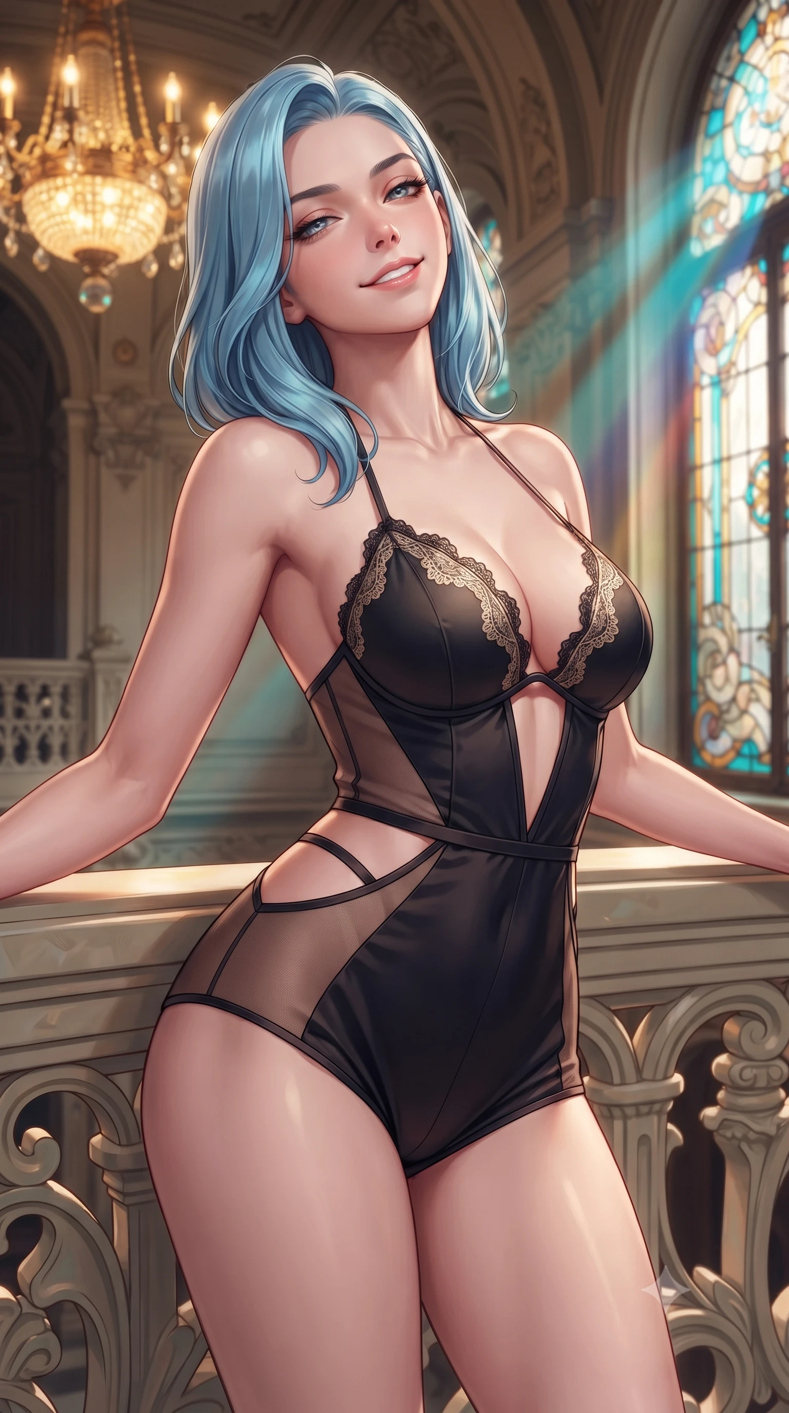 score_9, masterpiece, best quality, ultra-detailed, high-budget anime keyframe, editorial fashion photography, tasteful artistic composition, Korean woman. close-up cowboy shot from the waist and thighs up, the character dominates the composition, filling the frame with her large presence. leaning back against the balustrade with relaxed seductive grace, head tilted back slightly while casting a hypnotic, heavy-lidded gaze while twisting her slender torso in an alluring contrapposto stance, shimmering turquoise and topaz stained-glass light caressing her narrow waist and curvy hips. The surrounding environment is rendered in vivid detail and crisp panoramic clarity: detailed garment folds, intricate lace or tailored seams, and master Secessionist craft in razor-sharp precision. She has an exceptionally elegant, slender, and willowy female figure with an ultra-slim waist, flat toned midriff, narrow ribcage, and sculpted feminine hips creating an alluring, slim hourglass silhouette without bulk. sharp v-shaped jawline, high-bridge nose, intricate jewel-like sparkling eyes with depth, thick eyelashes, glossy parted lips with a natural peach sheen, bright cheerful beaming smile with an enchanting and coquettish sensual glint, exuding both youthful cute charm and seductive allure, flawlessly proportioned anatomical accuracy, strict slender model proportions, natural body alignment, perfectly sculpted long slender limbs, ultra-slim waistline, clean dynamic posture without body distortion. wearing a daring low-cut halterneck romper with exposed midriff and strappy hip cutouts in deep midnight obsidian black and champagne gold, featuring strategic sheer-illusion tulle side panels framing her ribcage and hips, finished with scalloped eyelash lace trim framing her sweetheart neckline with intimate elegance, the glove-like clinging cut tightly following the natural contour of her hips and long slender legs with youthful 8.5-heads elegance. bathed in the warm golden 2700K incandescent chandelier glow mixed with prismatic colored beams filtering through stained glass. ultra-reflective glossy finish, specular highlights, rich textural contrasts, high-contrast stereoscopic depth, volumetric dynamic lighting, 2k, ultra detail, master piece, 9:16 ratio