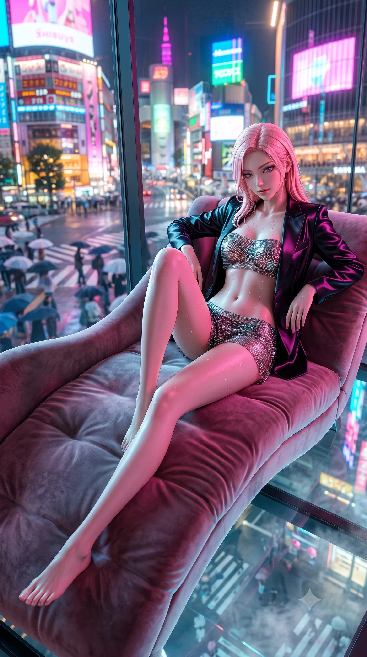score_9, masterpiece, best quality, ultra-detailed, high-budget anime keyframe, semi-realistic 3D game render, editorial fashion photography, tasteful artistic composition, Japanese woman. low angle full-body shot from head to toe showing her feet, filling the entire 9:16 vertical frame with her statuesque presence, stretching her vertical silhouette. reclining gracefully across the plush chaise lounge with one leg extended, her sculpted silhouette and flat midriff radiating magnetic nocturnal glamour while leaning against the outward-canted glass with hips cocked back, looking down through steaming thermal water at the bustling neon streets. The background shows a soft-focus massive electronic billboard animations, famous Shibuya scramble crossing with pedestrian umbrellas, and neon spires blurred into fuchsia, electric blue, and gold bokeh. She has an absolutely perfect, statuesque 8.5-heads proportion, an exceptionally tall and slender model-like female figure with impossibly long slender legs, an ultra-slim waist, a flat toned midriff, narrow delicate ribcage, and beautifully sculpted feminine hips creating a graceful, slim hourglass silhouette without any bulky heaviness. sharp v-shaped jawline, high-bridge nose, sparkling eyes with hypnotic seductive depth, thick curled eyelashes, glossy parted lips with a natural dewy peach sheen, alluring bedroom-eyes with an enchanting coquettish smile, exuding magnetic siren charisma and sophisticated glamour, flawlessly proportioned anatomical accuracy, strict slender model proportions, natural body alignment, perfectly sculpted long slender limbs, ultra-slim waistline, clean dynamic posture without body distortion. wearing a tailored open-front satin smoking jacket worn over a jewel-embellished bandeau and micro-shorts in wet-look onyx black with electric magenta reflections, crafted from shimmering fluid chainmail mesh reflecting ambient lights, finished with glistening drops of hot spring water beading across her sculpted shoulders and collarbones, the form-contouring silhouette accentuating her sculpted flat midriff, narrow delicate ribcage, and gracefully curvy hips with intoxicating allure. bathed in dynamic shifting saturated neon pink, cyan, and amber light projected horizontally from monumental electronic billboards. highly saturated vibrant anime colors, detailed shading with soft gradients, rich glossy textures, high-contrast stereoscopic depth, volumetric dynamic lighting, master piece, 9:16 ratio