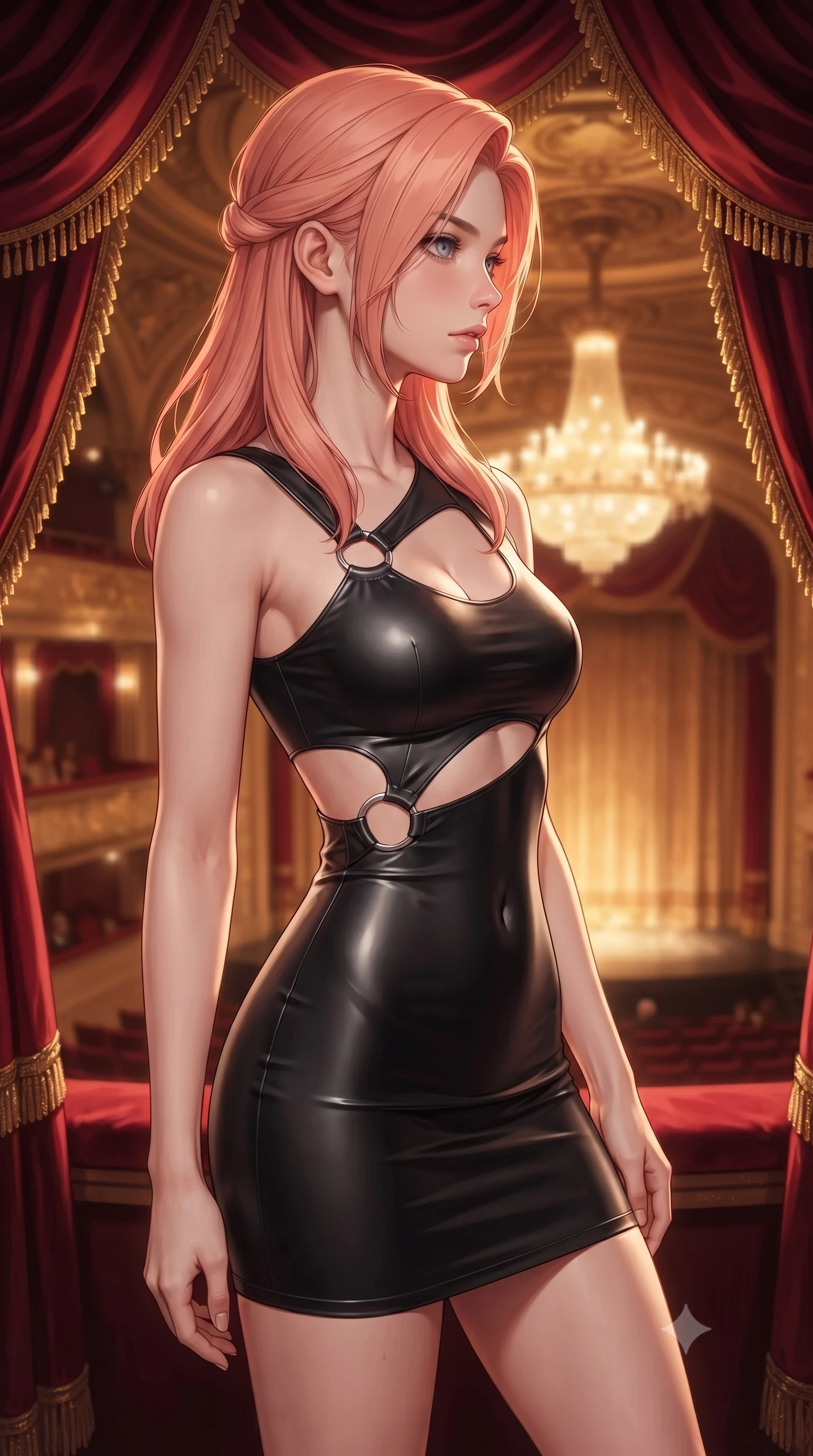score_9, masterpiece, best quality, ultra-detailed, high-budget anime keyframe, editorial fashion photography, tasteful artistic composition, Japanese woman woman. close-up cowboy shot from the waist and thighs up, the character dominates the composition, filling the frame with her large presence, background elements kept in soft focus. She has an exceptionally elegant, slender, and willowy female figure with an ultra-slim waist, a gracefully sculpted slender torso, and a refined silhouette. turning her head in a sharp dramatic profile against the key light, her eyes glowing with calm focus, flawlessly proportioned anatomical accuracy, natural body alignment, perfectly sculpted elegant limbs, clean dynamic posture without body distortion. set against a soft-focus background of a VIP theater box suite draped in red silk velvet and gold trim. wearing an asymmetric cut-out mini dress in matte black latex with silver ring accents. bathed in warm golden chandelier light from the grand theater stage below. ultra-reflective glossy finish, specular highlights, metallic sheen, high-contrast stereoscopic depth, volumetric dynamic lighting, 2k, ultra detail, master piece, 9:16 ratio