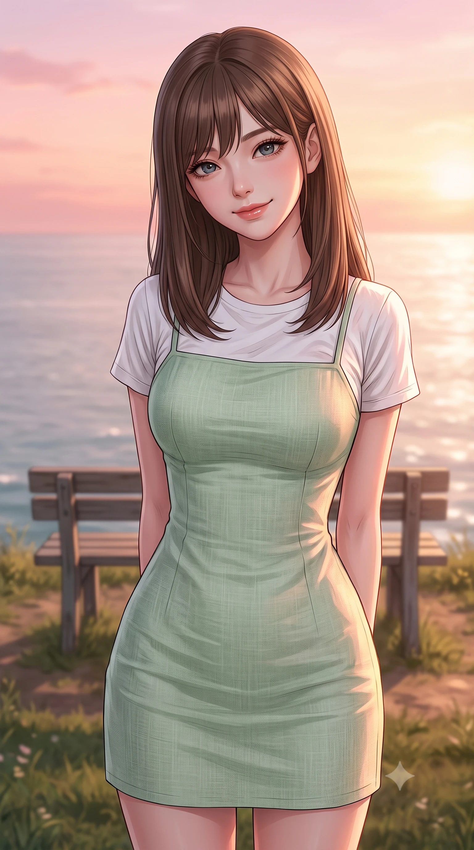 score_9, masterpiece, best quality, ultra-detailed, high-budget anime keyframe, editorial fashion photography, tasteful artistic composition, Korean woman woman. close-up cowboy shot from the waist and thighs up, the character dominates the composition, filling the frame with her large presence, background elements kept in soft focus. tilting her head slightly with a gentle, friendly smile under the warm sun the background shows a soft-focus a simple wooden bench perched on a grassy cliff edge overlooking a wide ocean. She has an exceptionally elegant, slender, and willowy female figure with an ultra-slim waist, a gracefully sculpted slender torso, and a refined silhouette. sharp v-shaped jawline, high-bridge nose, intricate jewel-like eyes with depth, thick eyelashes, glossy lips with a natural sheen. wearing a slim-fit lightweight pastel green linen sundress layered over a white cotton t-shirt. soft pink and amber sunset glow reflecting on her face and outfit. 2k, ultra detail, master piece, 9:16 ratio