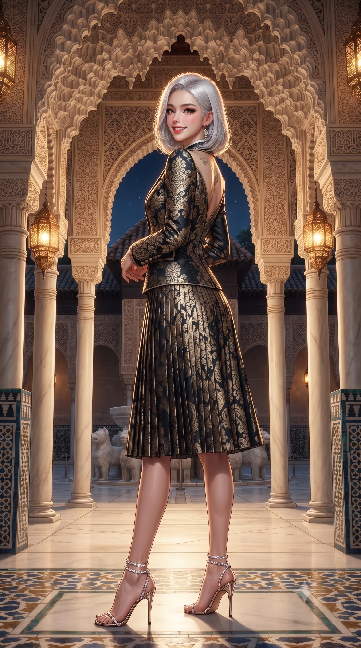 score_9, masterpiece, best quality, ultra-detailed, high-budget anime keyframe, editorial fashion photography, tasteful artistic composition, Korean woman. low angle full-body shot from head to toe showing her feet, filling the entire 9:16 vertical frame with her statuesque presence, stretching her vertical silhouette. posing in a classic haute-couture S-curve stance beside the floor-to-ceiling window, looking over a bare shoulder with magnetic presence while standing poised between slender white marble columns beneath intricate carved muqarnas stalactite arches, arching her lower back with sovereign supermodel grace as moonlight illuminates the twelve stone lions of the fountain. The surrounding environment is rendered in vivid detail and crisp panoramic clarity: sharp hand-carved muqarnas plaster honeycomb vaults, glazed blue-and-gold zellij tile wainscoting, and white marble column capitals in deep focus. She has an exceptionally tall and slender model-like 8.5-heads proportion, an ultra-slim waist, a flat toned midriff, narrow delicate ribcage, and beautifully sculpted feminine hips creating a graceful, slim hourglass silhouette without any bulky heaviness, with impossibly long slender legs. sharp v-shaped jawline, high-bridge nose, intricate jewel-like sparkling eyes with depth, thick eyelashes, glossy parted lips with a natural peach sheen, bright cheerful beaming smile with an enchanting and coquettish sensual glint, exuding both youthful cute charm and seductive allure, flawlessly proportioned anatomical accuracy, strict slender model proportions, natural body alignment, perfectly sculpted long slender limbs, ultra-slim waistline, clean dynamic posture without body distortion. wearing a structured Seville damask brocade riding jacket paired with an A-line accordion pleated midi skirt in deep midnight obsidian black and champagne gold, tailored from ultra-plush silk velvet with rich tactile depth and deep shadow gradients, complemented by strappy stiletto sandals with crystal ankle wraps accentuating her slender calves, the bespoke structured tailoring following the natural line of her 8.5-heads silhouette with refined elegance. bathed in the warm radiant 2600K amber illumination of antique pierced brass lanterns dimmed to an intimate evening glow. ultra-reflective glossy finish, specular highlights, rich textural contrasts, high-contrast stereoscopic depth, volumetric dynamic lighting, 2k, ultra detail, master piece, 9:16 ratio